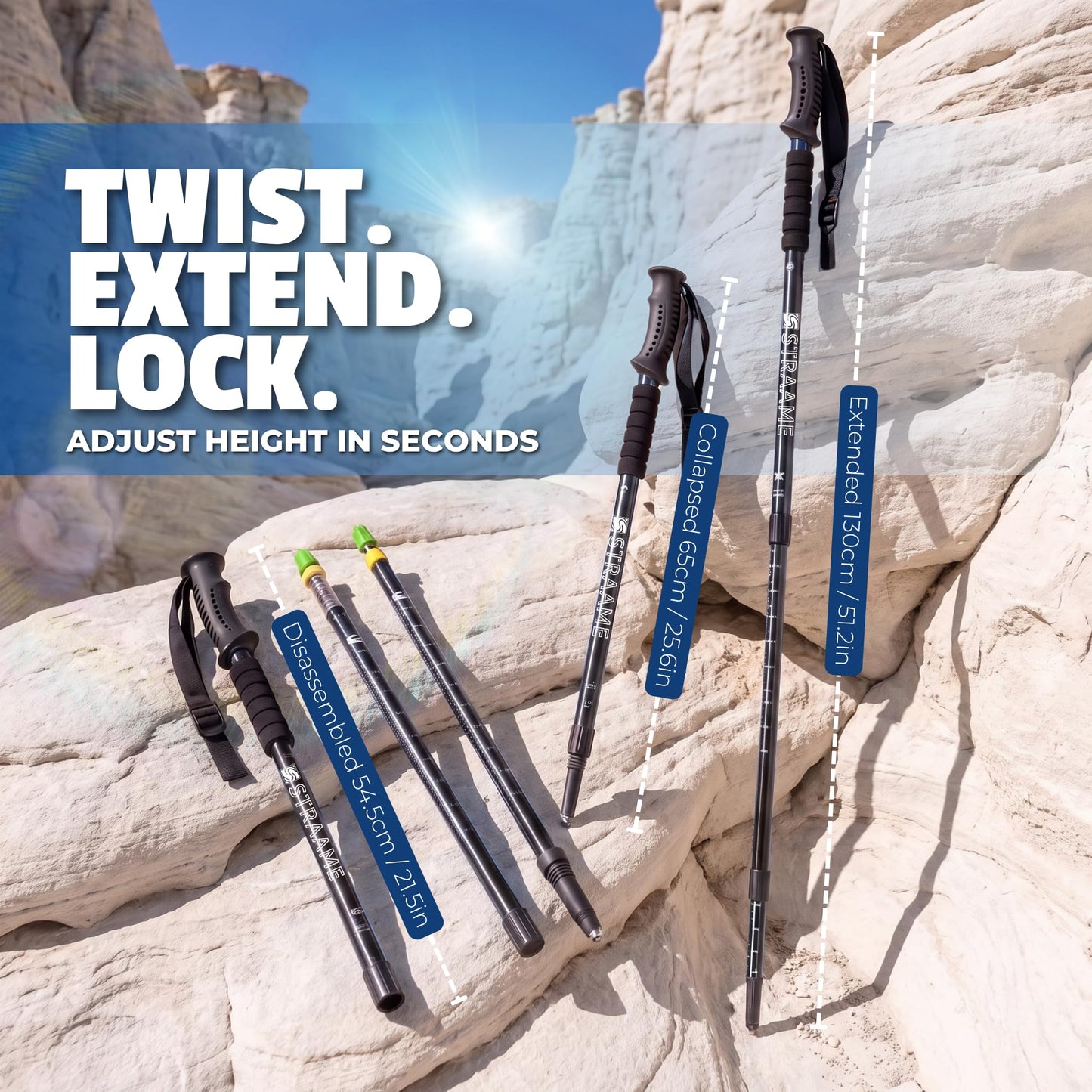 Straame Telescopic Walking Sticks 2 Pack, 65-130cm Trekking Poles (Black)