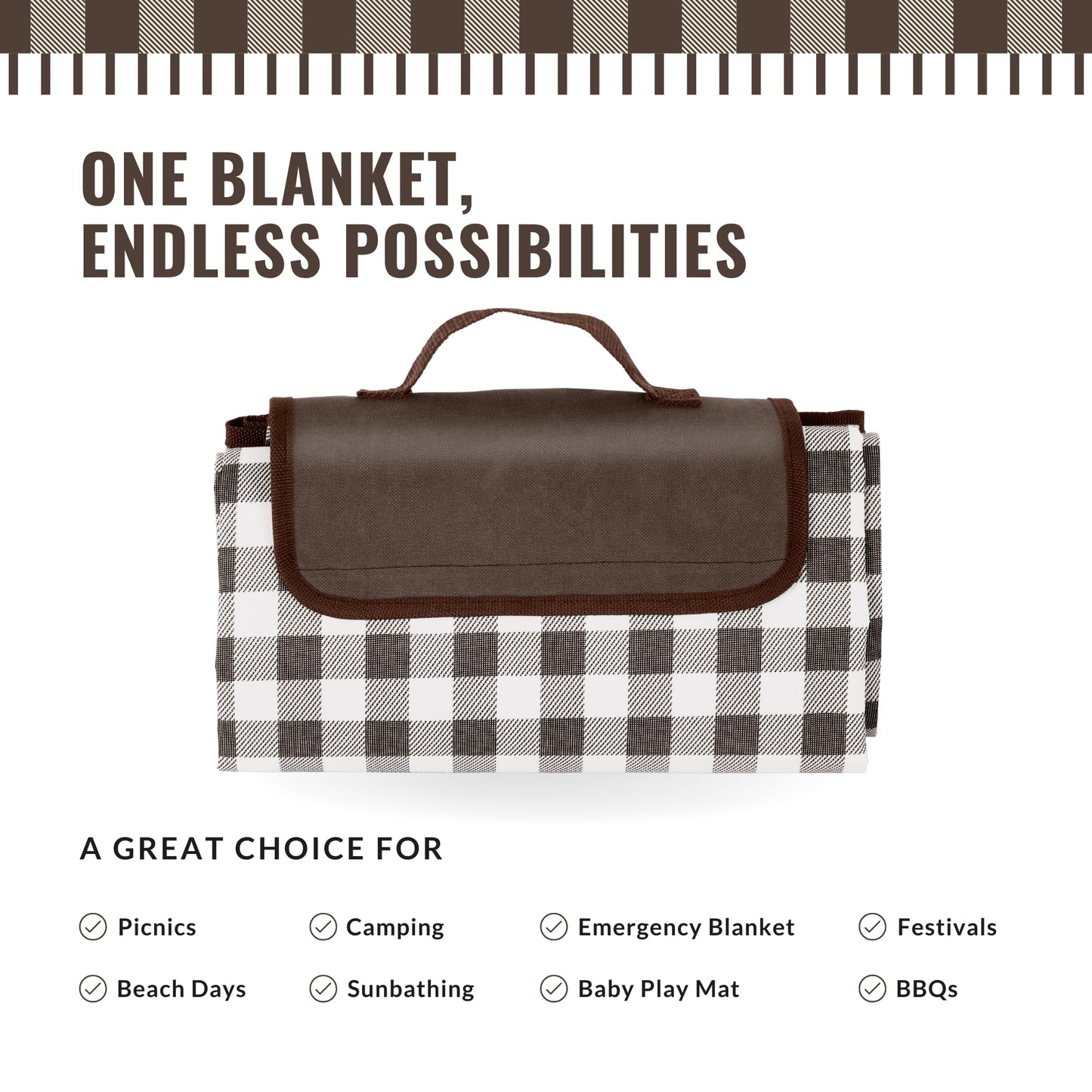 Straame Waterproof Picnic Blanket – Large 200x140cm Foldable Outdoor Blanket with Carry Handle – Ideal for Camping, Beach, Garden & Festivals – Timeless Gingham Design (Brown)