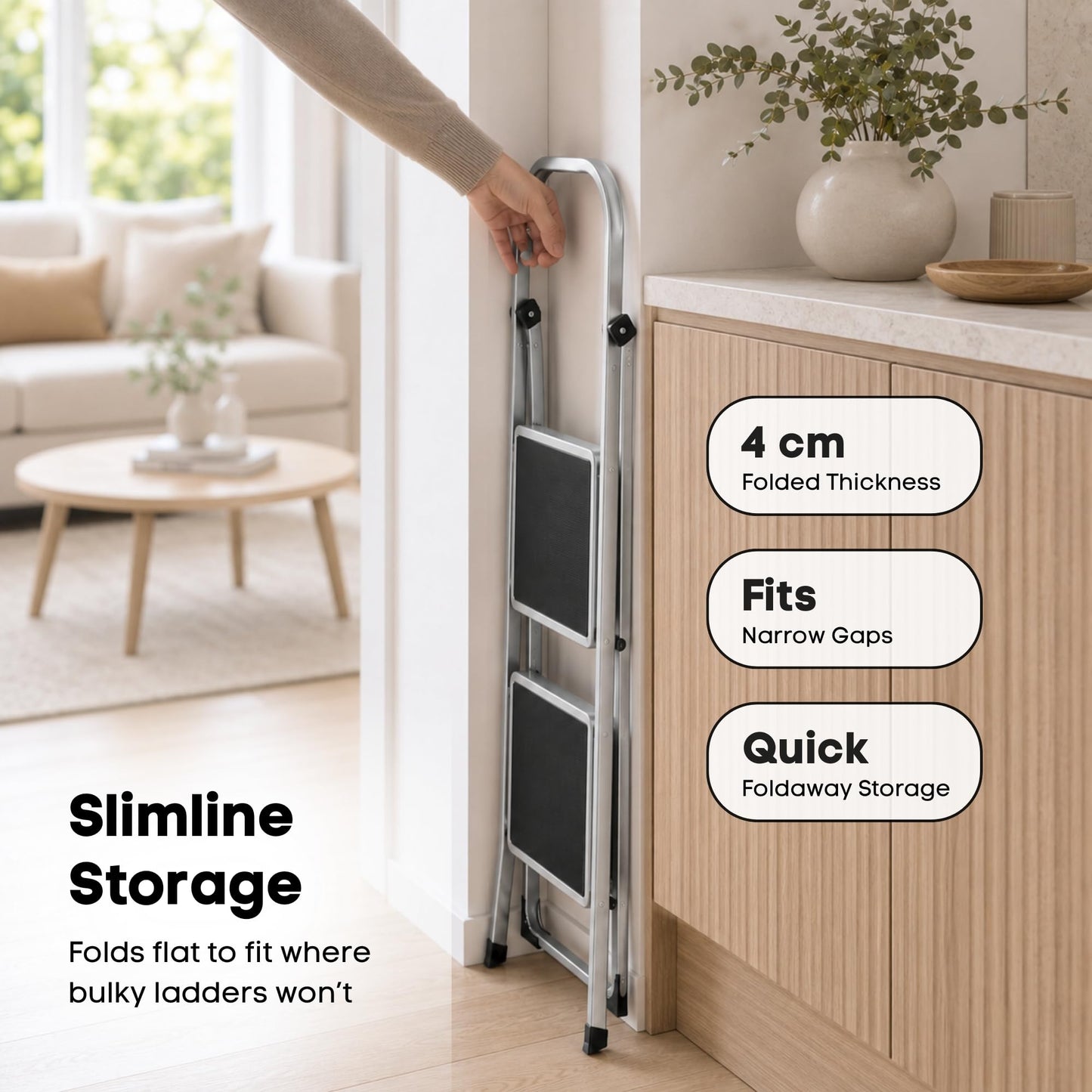 Straame 2 Step Ladder, Slimline Folding Step Ladder with Anti Slip Feet, 150 kg Capacity, Durable Steel Stepladder, Foldable Step Stool for Adults, Home Kitchen Garage Garden Caravan DIY Cleaning