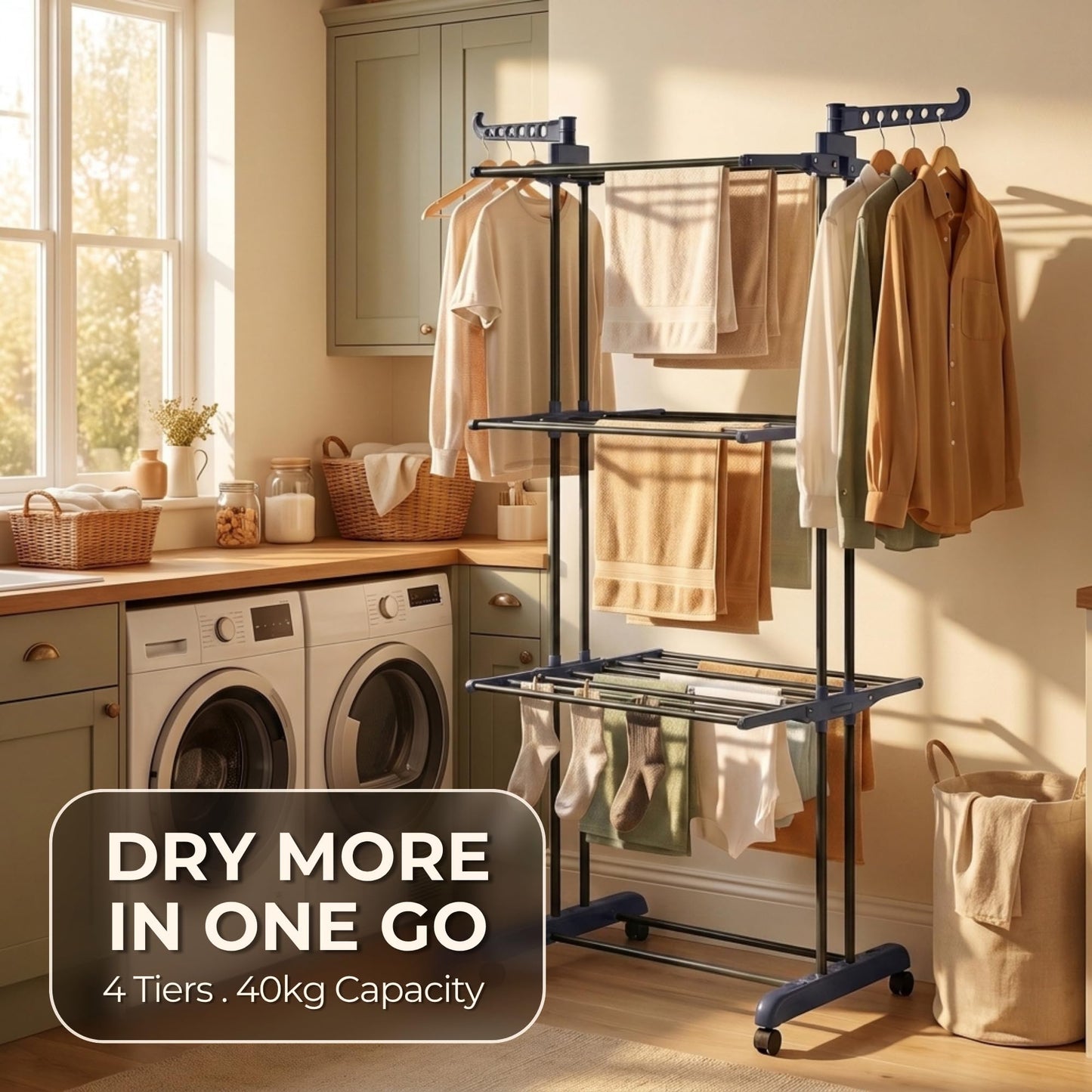 Straame 4-Tier Clothes Airer, Heavy Duty Foldable Drying Rack, 40 kg, Black