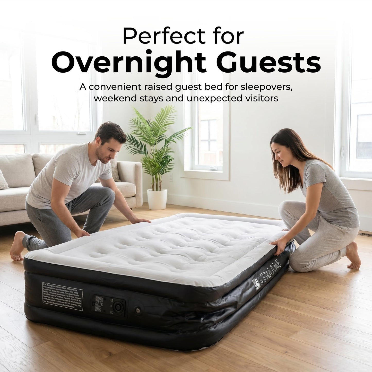 Straame Single XL Air Bed with Built-in Pump, Inflatable Mattress 196 x 97 x 47 cm, Blow Up Guest Bed, Self Inflating Camping Mattress with Carry Bag for Home Travel Sleepovers Guests Home Camping Use