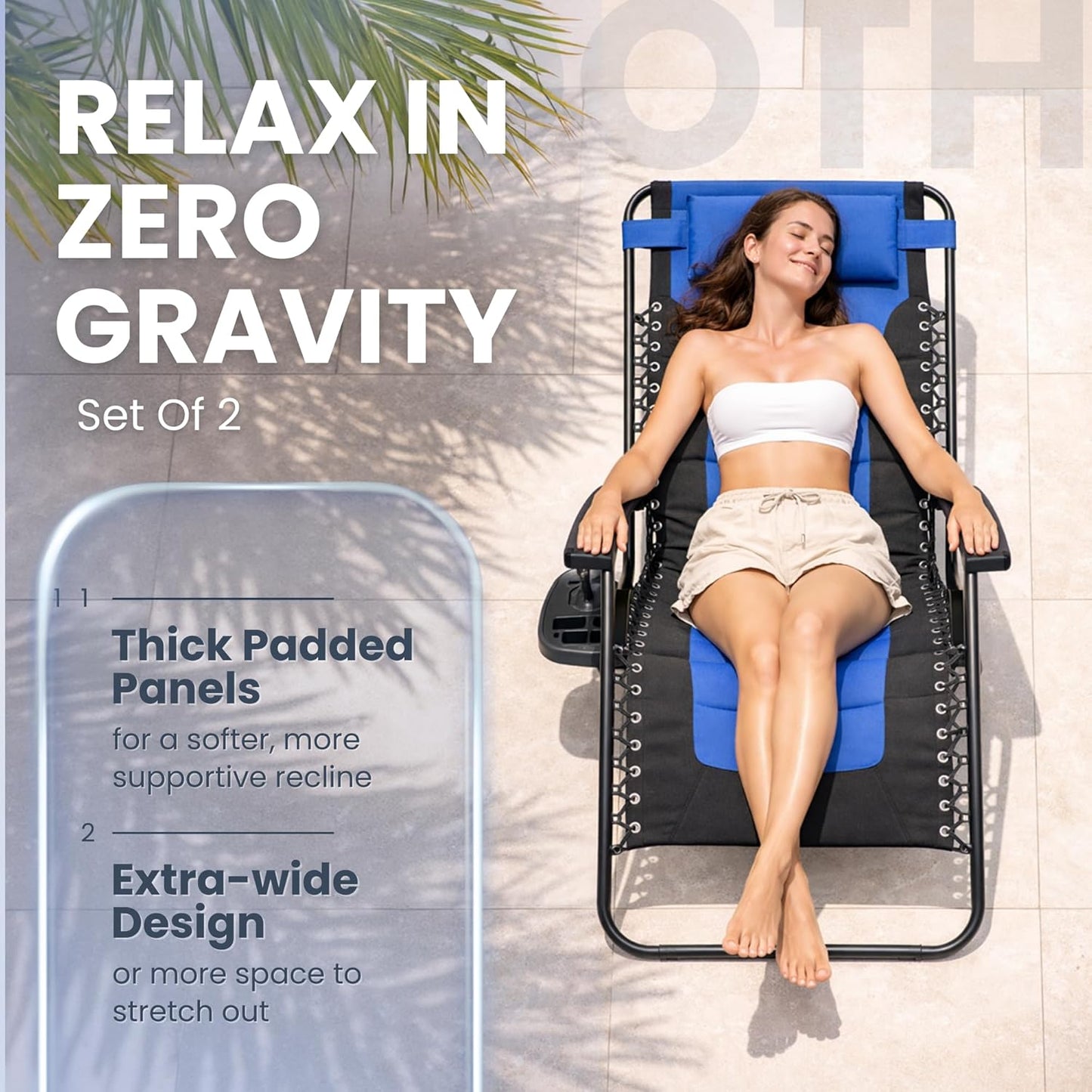 Straame XXL Padded Zero Gravity Chairs Set of 2, Folding Reclining Garden Chairs with Cup Holder Tray, Camping Chair Sun Loungers, Lockable 160° Patio Recliners with Adjustable Headrest (Padded, Navy)