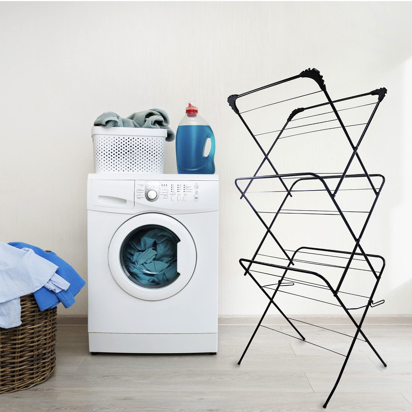 Straame 3 Tier Clothes Airer Drying Indoor and Outdoor Laundry Rack with Non-Slip Feet and Corner Spaces for Hangers, Flat Foldable Space Saving, 63 x 46 138 (Black)