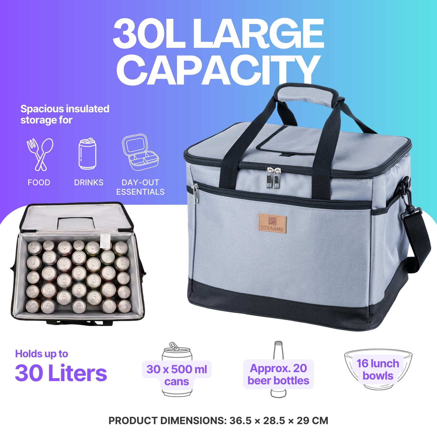 Straame 30L Insulated Cooler Bag, Large Lunch Bag Cool Bag for Picnic, Travel & Camping, Leakproof Foldable Cool Box with Shoulder Strap, Quick Access Top, Insulated Lunch Bag, Grey
