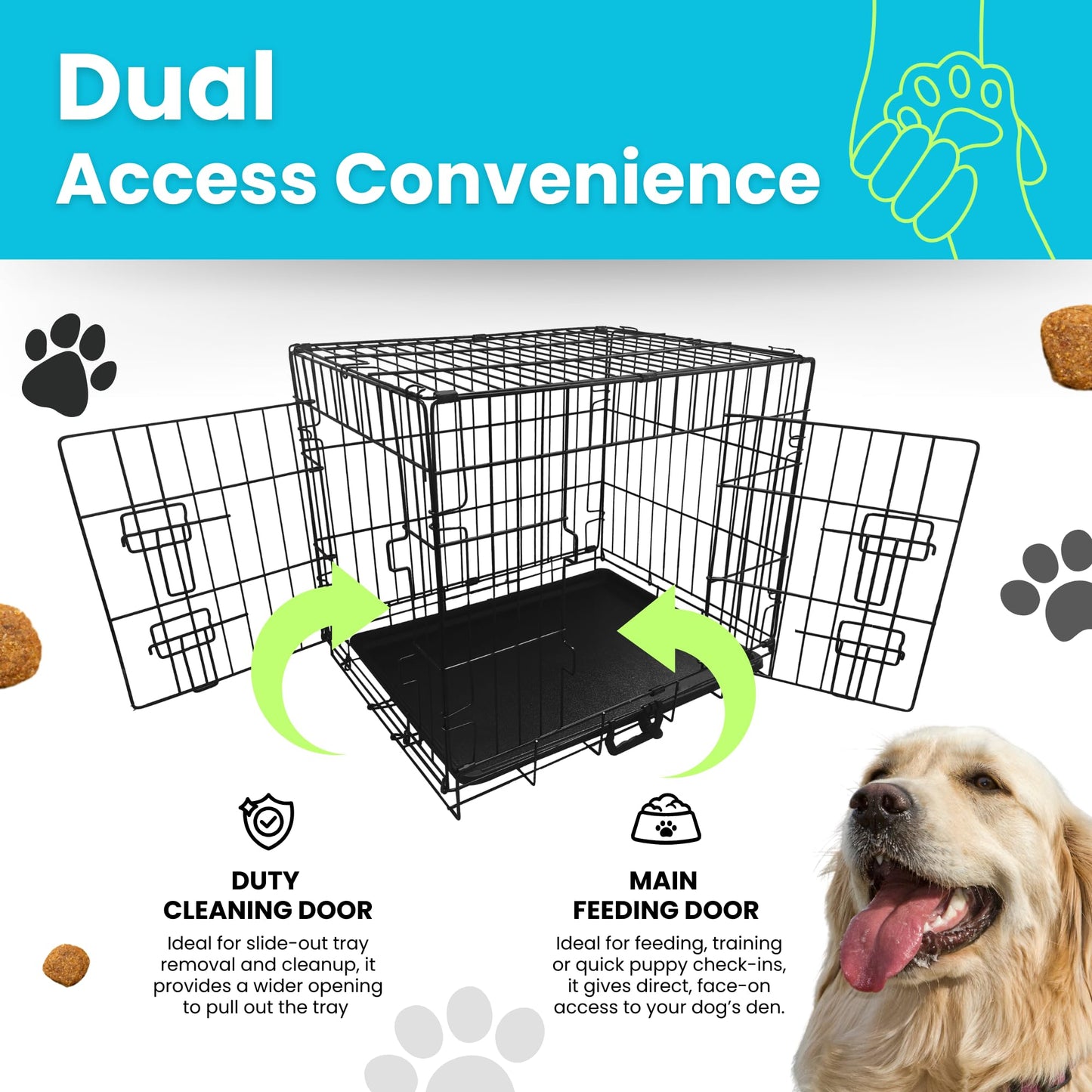 Straame Heavy-Duty Folding Dog Crate for XL Dogs, 107 × 68 × 75 cm (42″) Black Metal Cage with Front & Side Doors, Chew-Resistant, Removable Easy-Clean Plastic Tray & Carry Handle