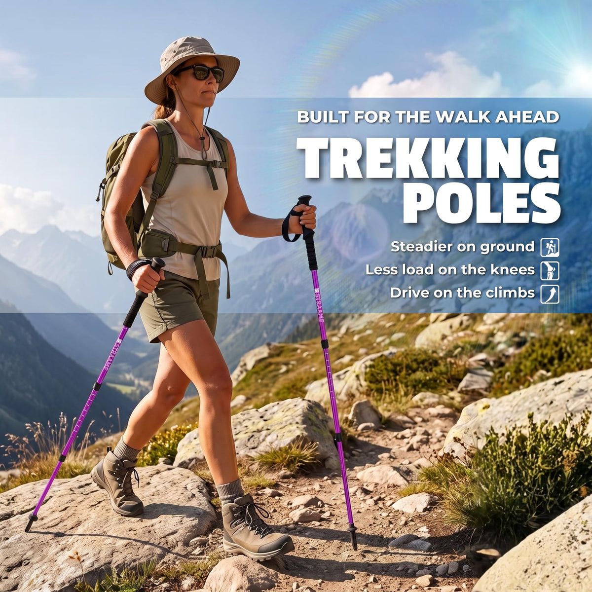 Straame Telescopic Walking Sticks 2 Pack, 65-130cm Trekking Poles (Purple)