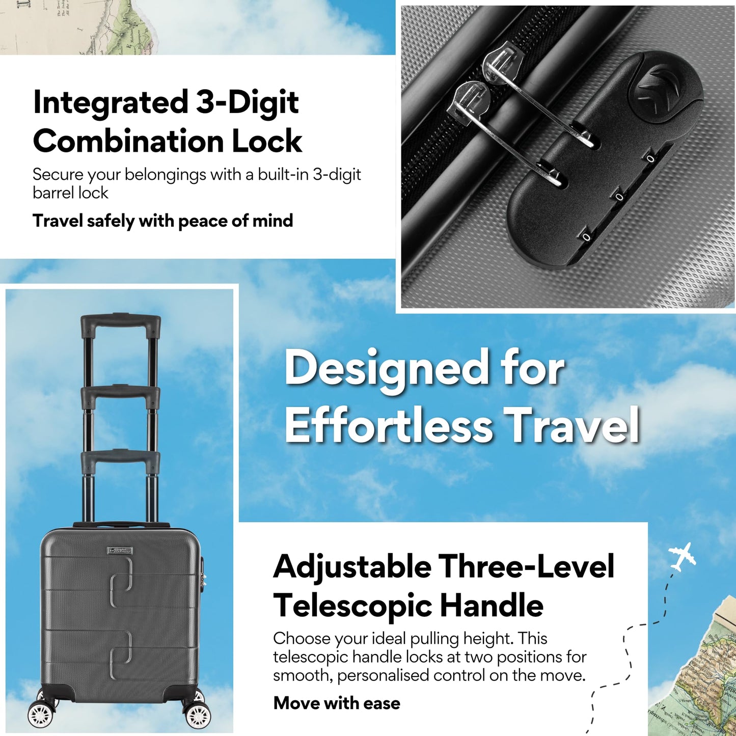 WORLD EXPLORER Cabin Suitcase ABS Hard Shell 360° Spinner Wheels & Com-bination Lock Lightweight 30L Underseat Cabin Luggage and Suitcase EasyJet Per-sonal Item Travel Bag (Dark Grey, 45x35x20 CM)