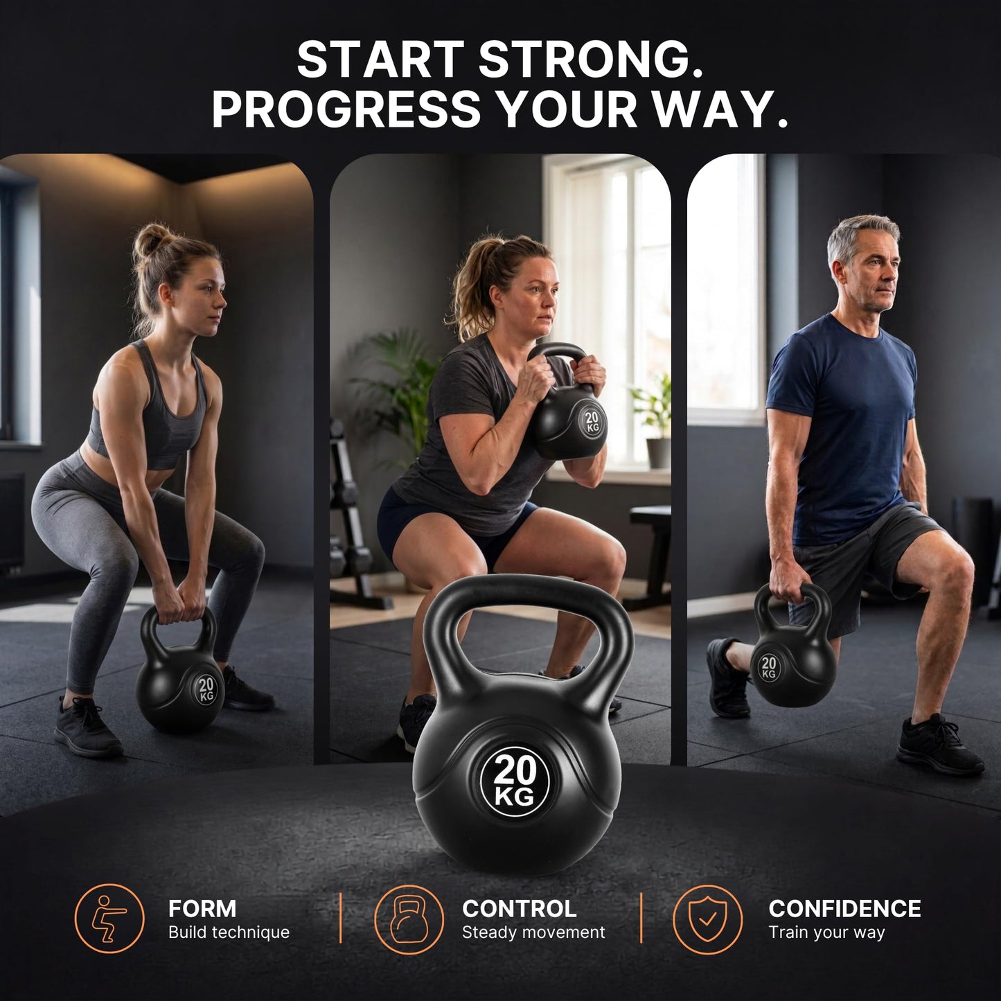 Lockie Fitness Kettlebell Weight, 4kg-20 Kg Cement-Filled Kettle Bell, Black (20 Kg)