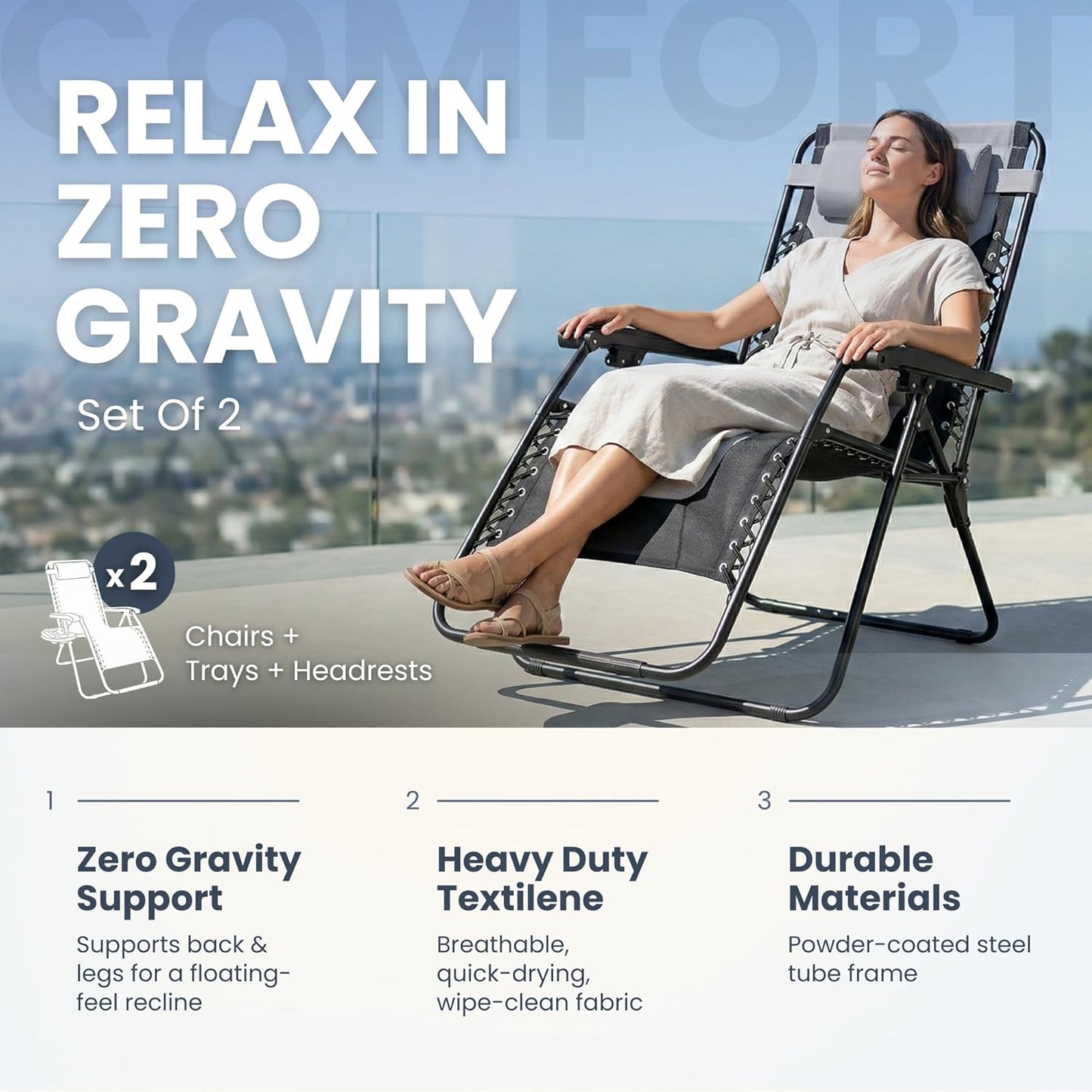 Straame XXL Padded Zero Gravity Chairs Set of 2, Folding Reclining Garden Chairs with Cup Holder Tray, Camping Chair Sun Loungers, Lockable 160° Patio Recliners with Adjustable Headrest (Padded, Grey)