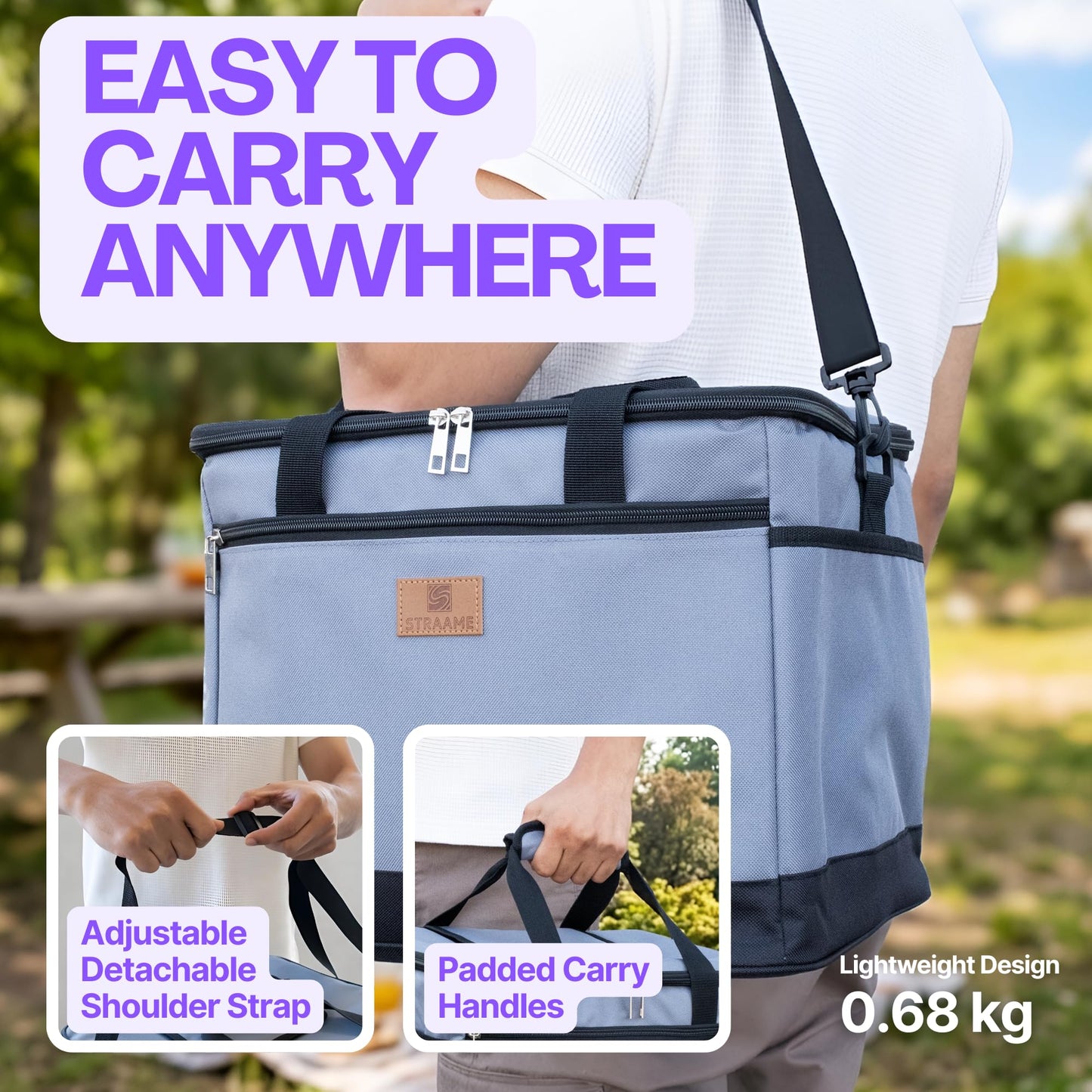 Straame 30L Insulated Cooler Bag, Large Lunch Bag Cool Bag for Picnic, Travel & Camping, Leakproof Foldable Cool Box with Shoulder Strap, Quick Access Top, Insulated Lunch Bag, Grey