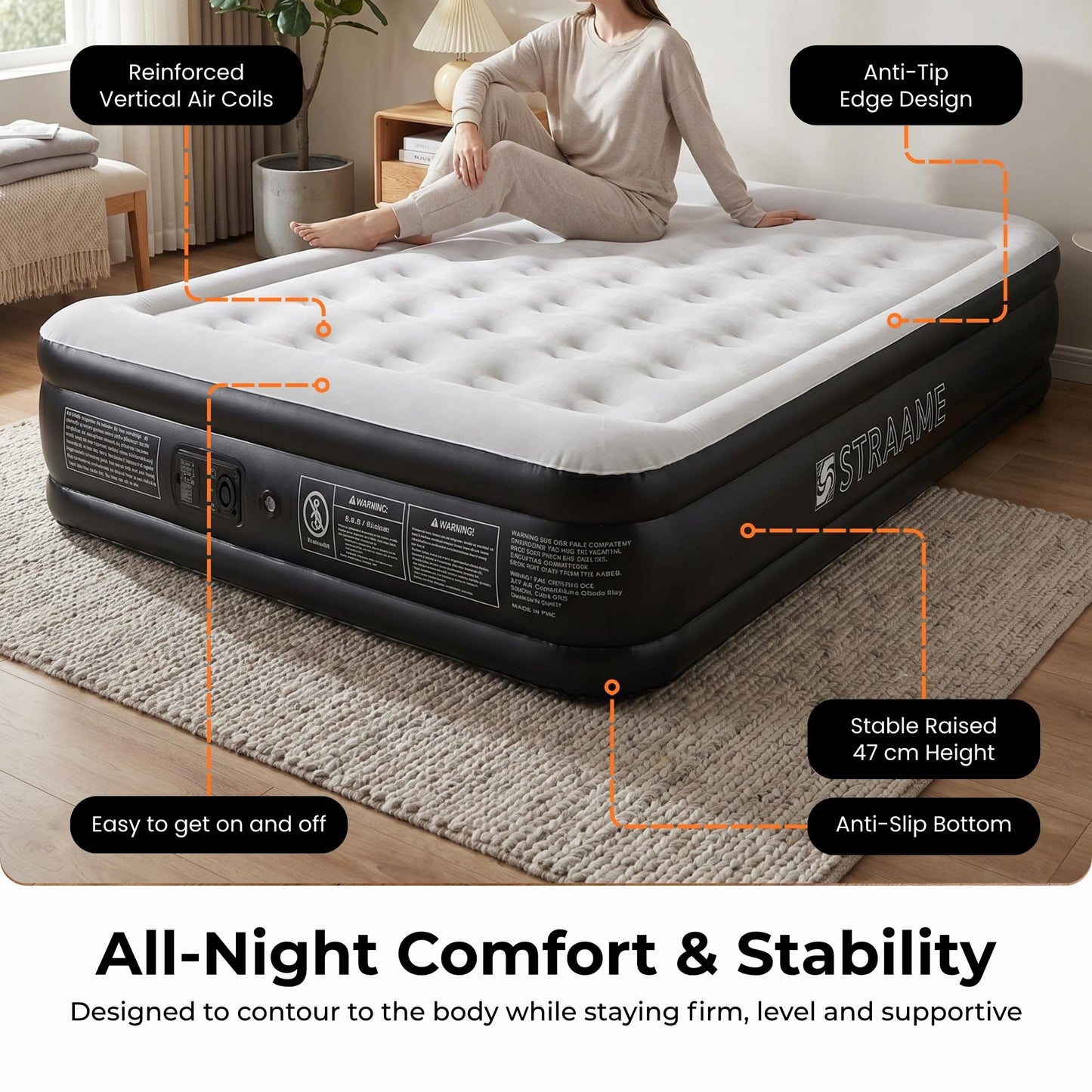 Straame Double Airbed with Built-in Pump, Inflatable Mattress 196 x 145 x 47 cm, Blow Up Mattress Guest Bed, Self Inflating Camping Mattress with Carry Bag for Home Travel Sleepovers Guests Use Indoor