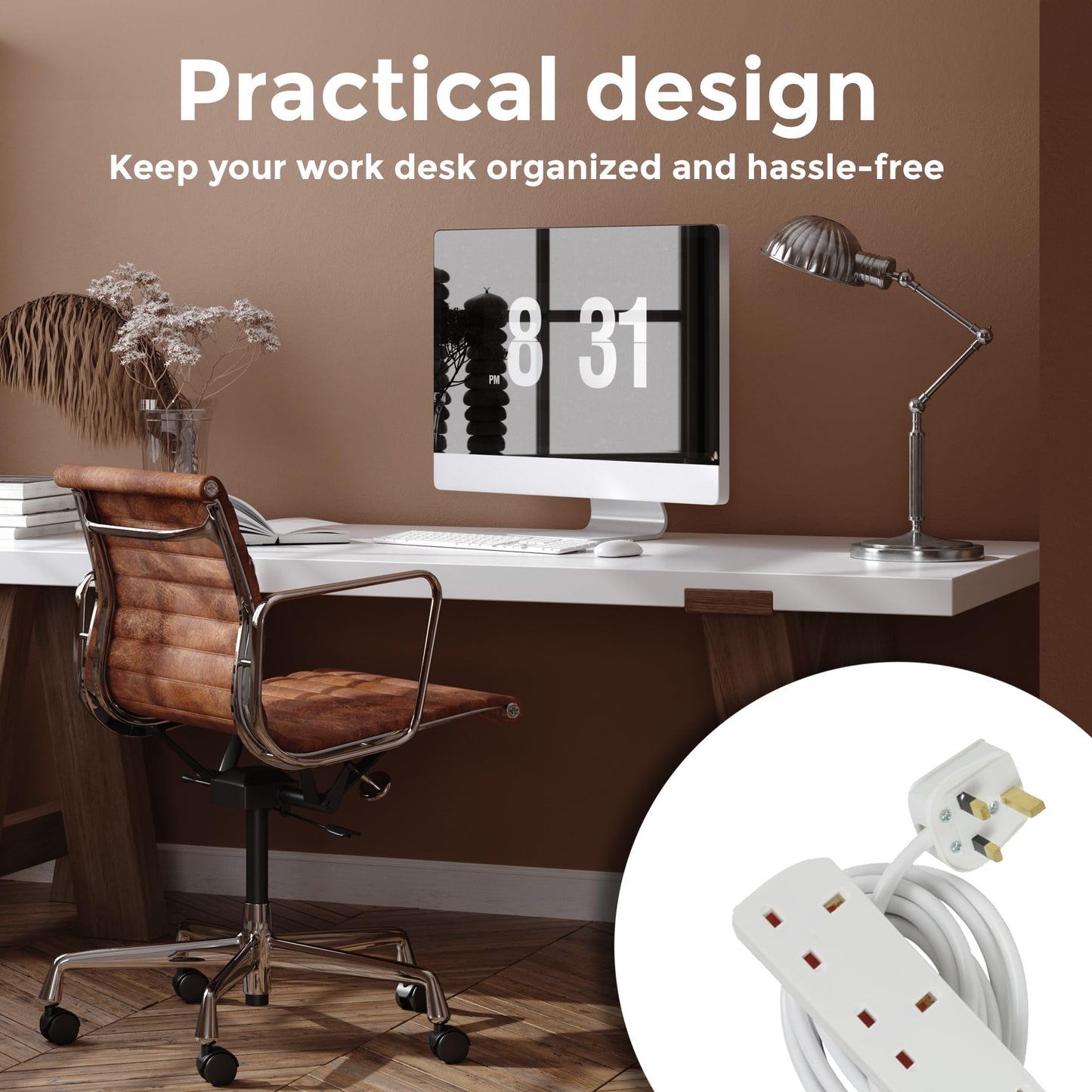 Straame White Extension Lead with 4 Gangs UK Socket Outlet, Secure Power Expansion, Convenient and Slim Socket for Multi-Device Connectivity – 2m Cable - 1 pack