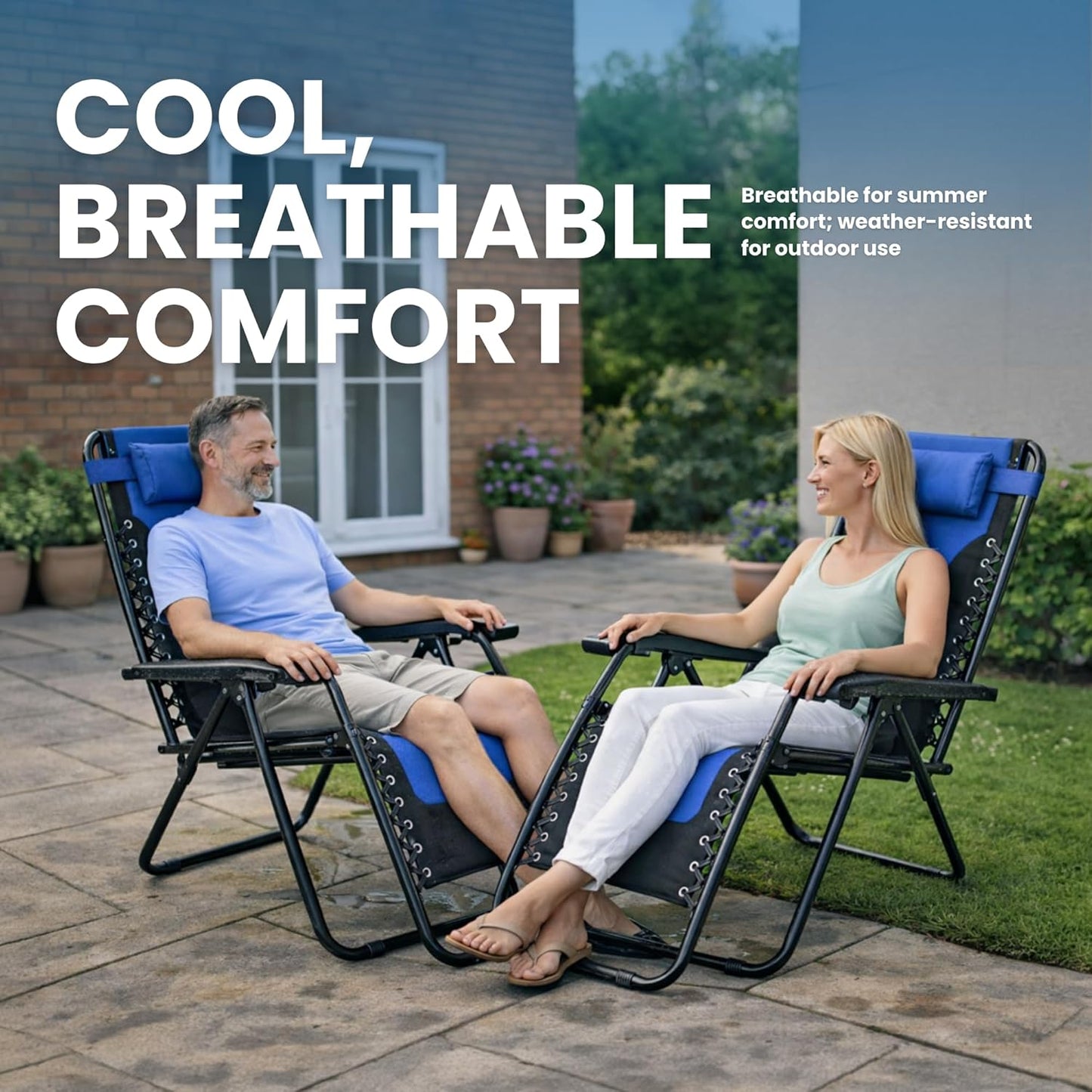 Straame XXL Padded Zero Gravity Chairs Set of 2, Folding Reclining Garden Chairs with Cup Holder Tray, Camping Chair Sun Loungers, Lockable 160° Patio Recliners with Adjustable Headrest (Padded, Navy)