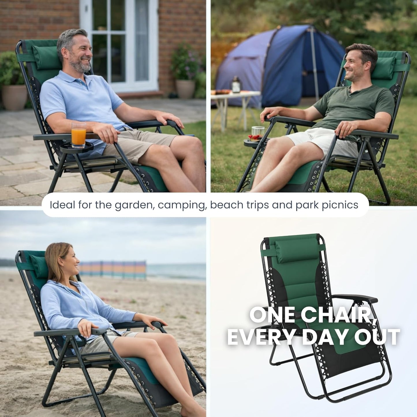 Straame XXL Padded Zero Gravity Chairs Set of 2, Folding Reclining Garden Chairs with Cup Holder Tray, Camping Chair Sun Loungers, Lockable 160° Patio Recliners with Adjustable Headrest (Padded, Green)