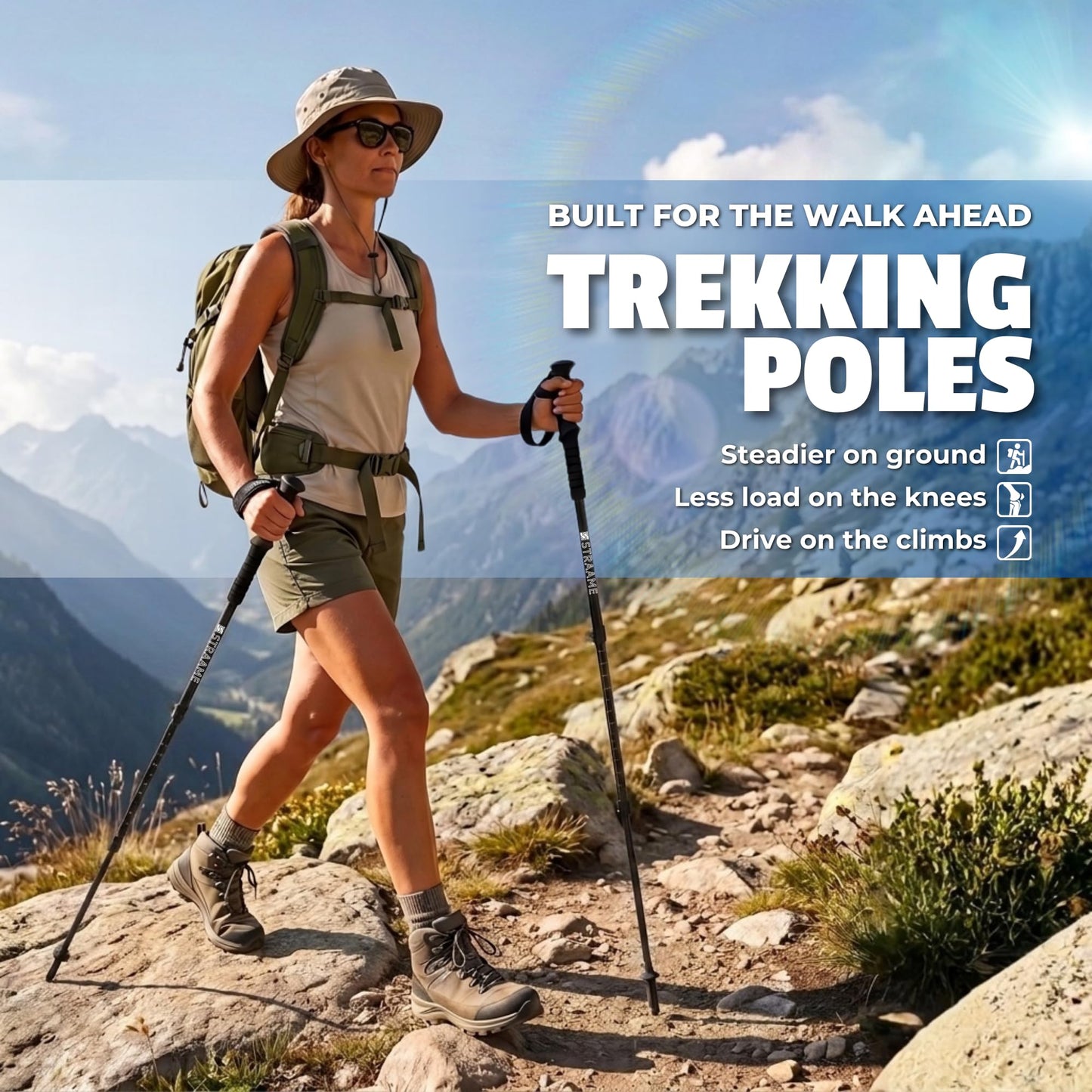 Straame Telescopic Walking Sticks 2 Pack, 65-130cm Trekking Poles (Black)