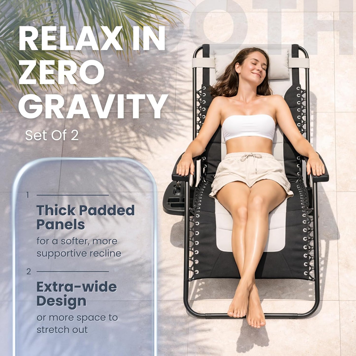 Straame XXL Padded Zero Gravity Chairs Set of 2, Folding Reclining Garden Chairs with Cup Holder Tray, Camping Chair Sun Loungers, Lockable 160° Patio Recliners with Adjustable Headrest (Padded, Grey)