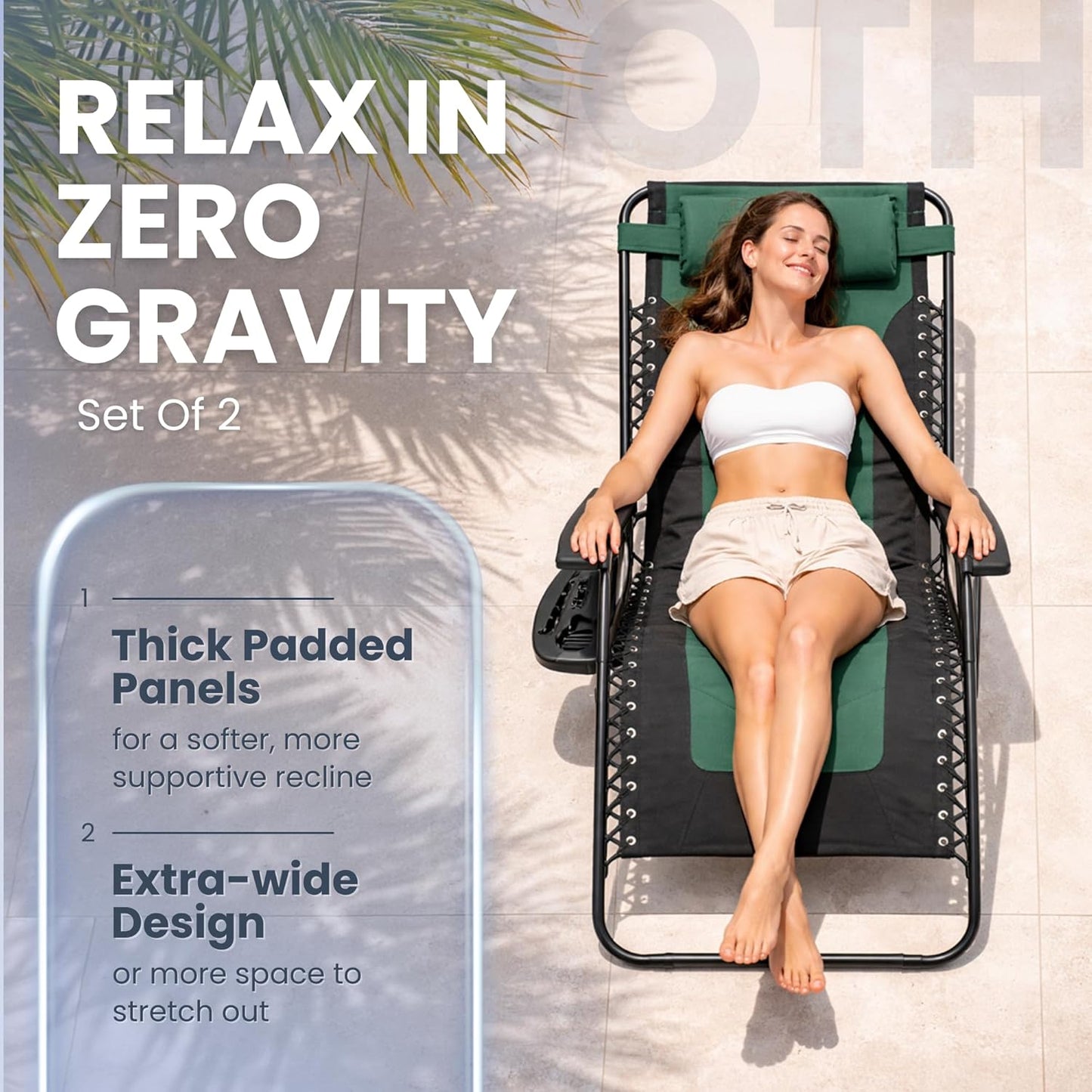 Straame XXL Padded Zero Gravity Chairs Set of 2, Folding Reclining Garden Chairs with Cup Holder Tray, Camping Chair Sun Loungers, Lockable 160° Patio Recliners with Adjustable Headrest (Padded, Green)