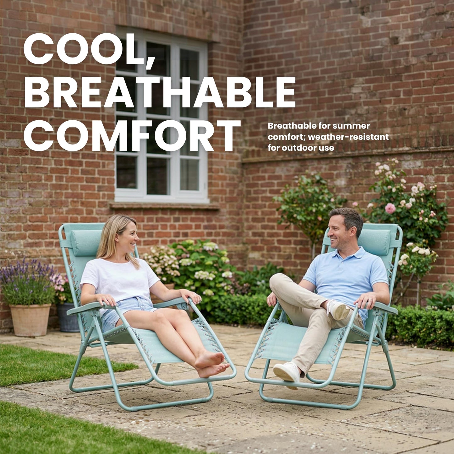 Straame Zero Gravity Chairs Set of 2,Folding Reclining Garden Chairs, Textilene Outdoor Chair, Lockable 170° Sun Loungers for Garden, Steel Frame, 150 kg Max Load (Classic, Mint)