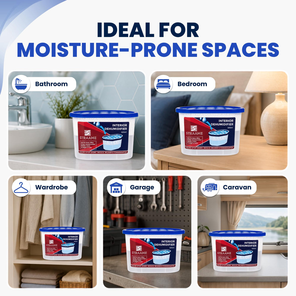 Straame Interior Dehumidifier 500ml, Moisture Absorber Crystals, Pack of 20