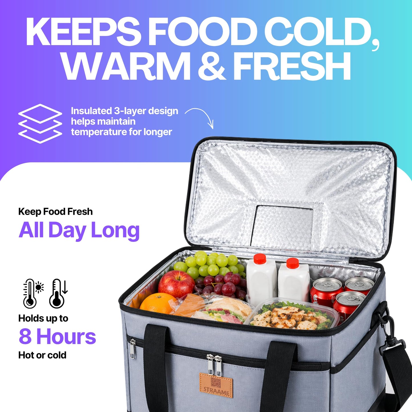 Straame 30L Insulated Cooler Bag, Large Lunch Bag Cool Bag for Picnic, Travel & Camping, Leakproof Foldable Cool Box with Shoulder Strap, Quick Access Top, Insulated Lunch Bag, Grey