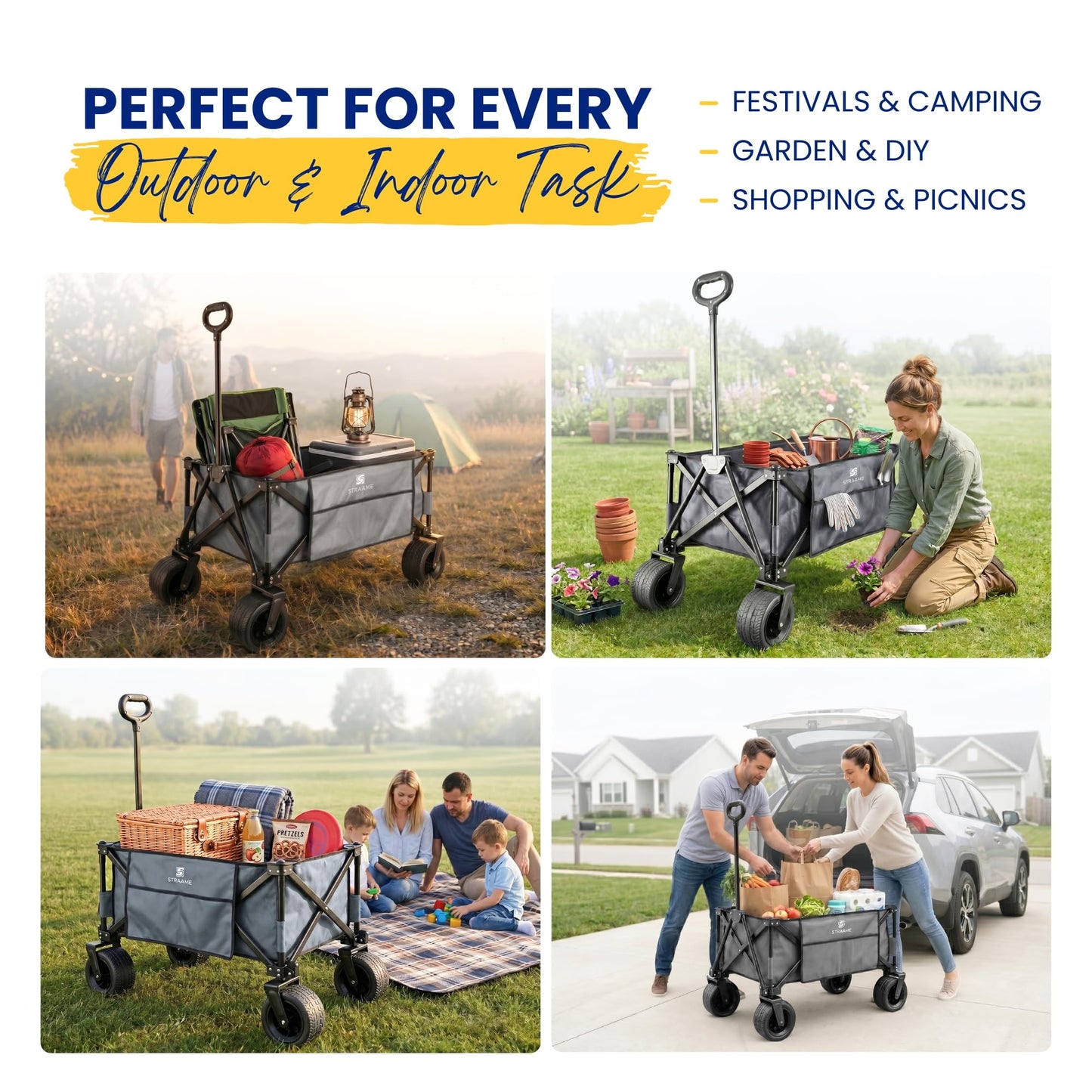 Straame 150L Festival Trolley on Wheels, Folding Camping trolley, Heavy Duty Collapsible Pull Along Beach Garden Shopping Trolly with Adjustable Handle, All Terrain Outdoor Utility Cart (Grey)