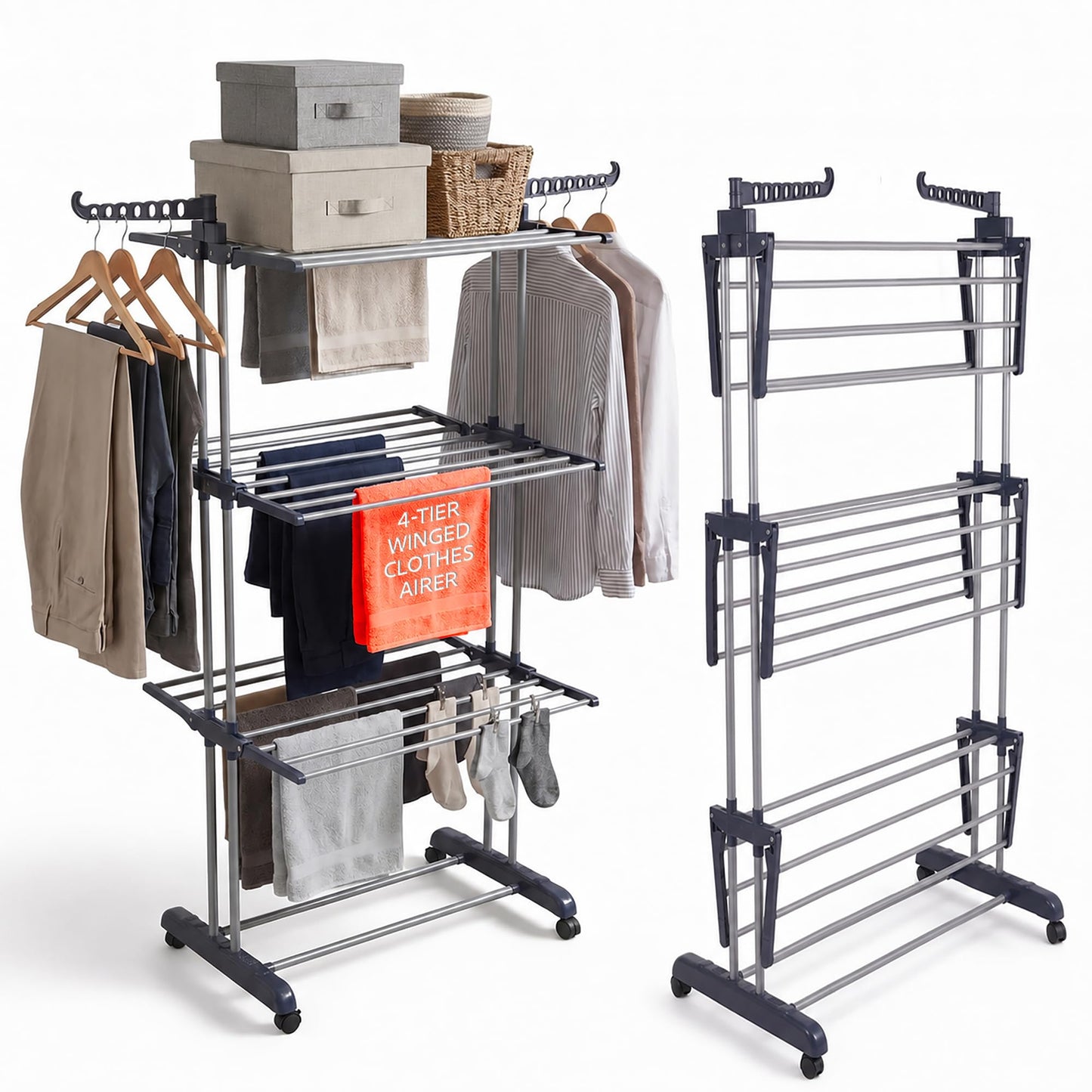 Straame 4-Tier Clothes Airer, Heavy Duty Foldable Drying Rack, 40 kg, Grey