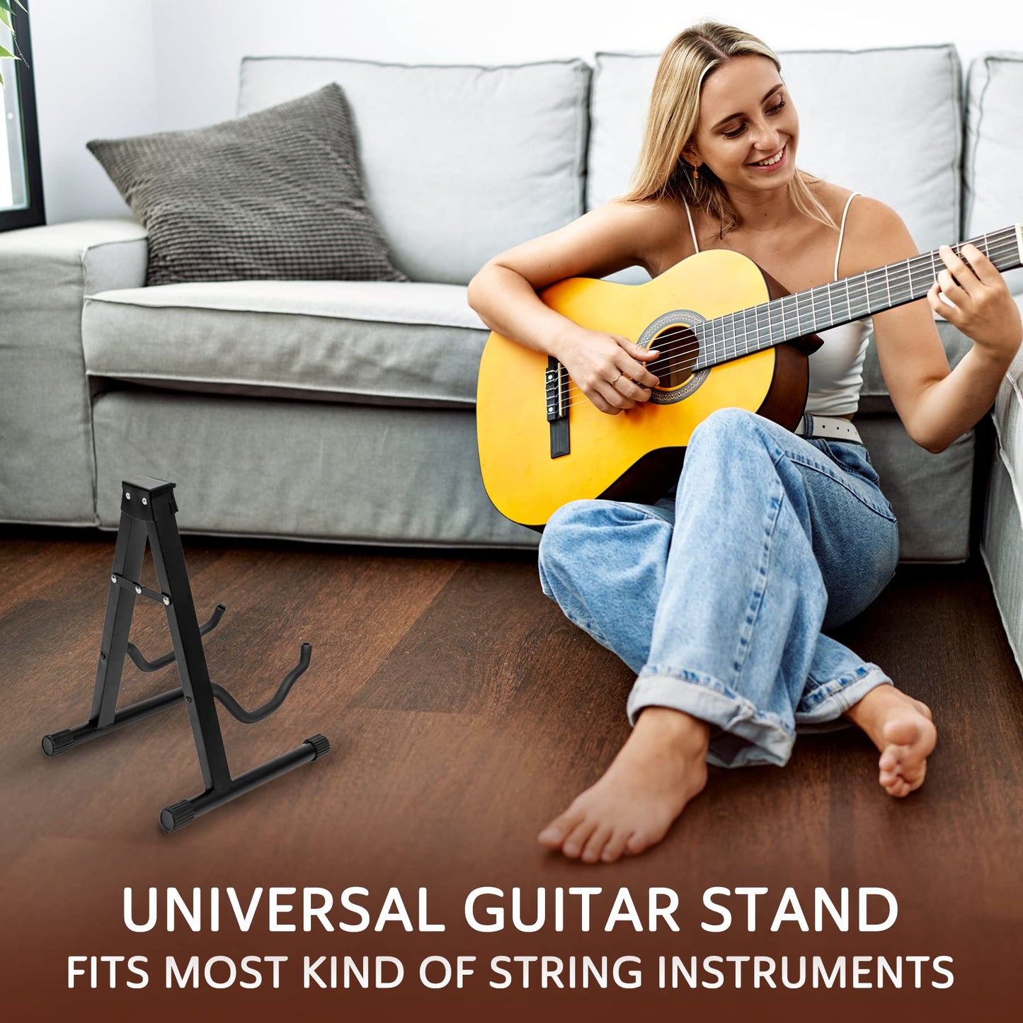 Straame Universal Guitar Stand - A-frame Guitar Holder, Sturdy, Portable & Foldable Floor Stand For All Guitars - Electric & Travel Guitar Fit Stand - Non-Slip Feet - Black
