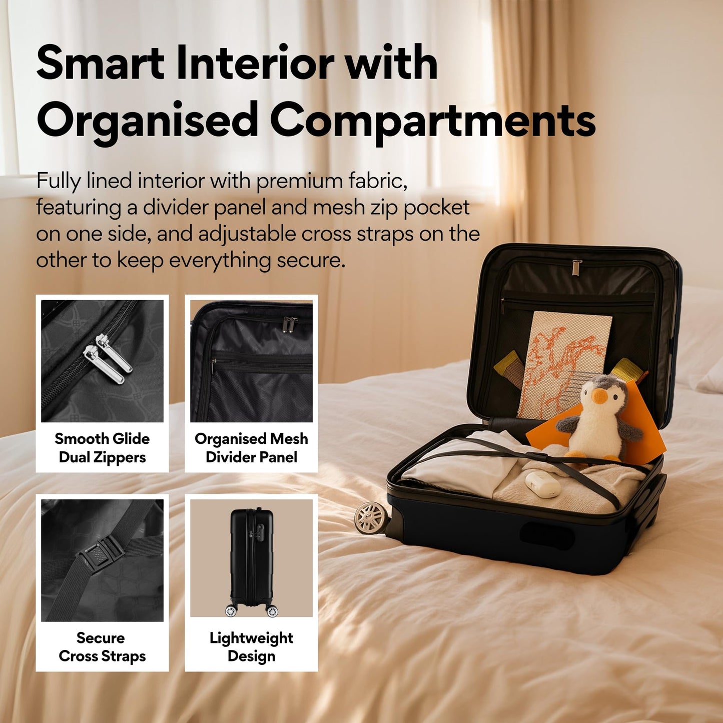 WORLD EXPLORER Cabin Suitcase | ABS Hard Shell with 360° Spinner Wheels & Com-bination Lock | Lightweight Cabin Luggage and Suitcase 34L – Ryanair Priority Size Travel Bag (Black, 55x40x20 CM)