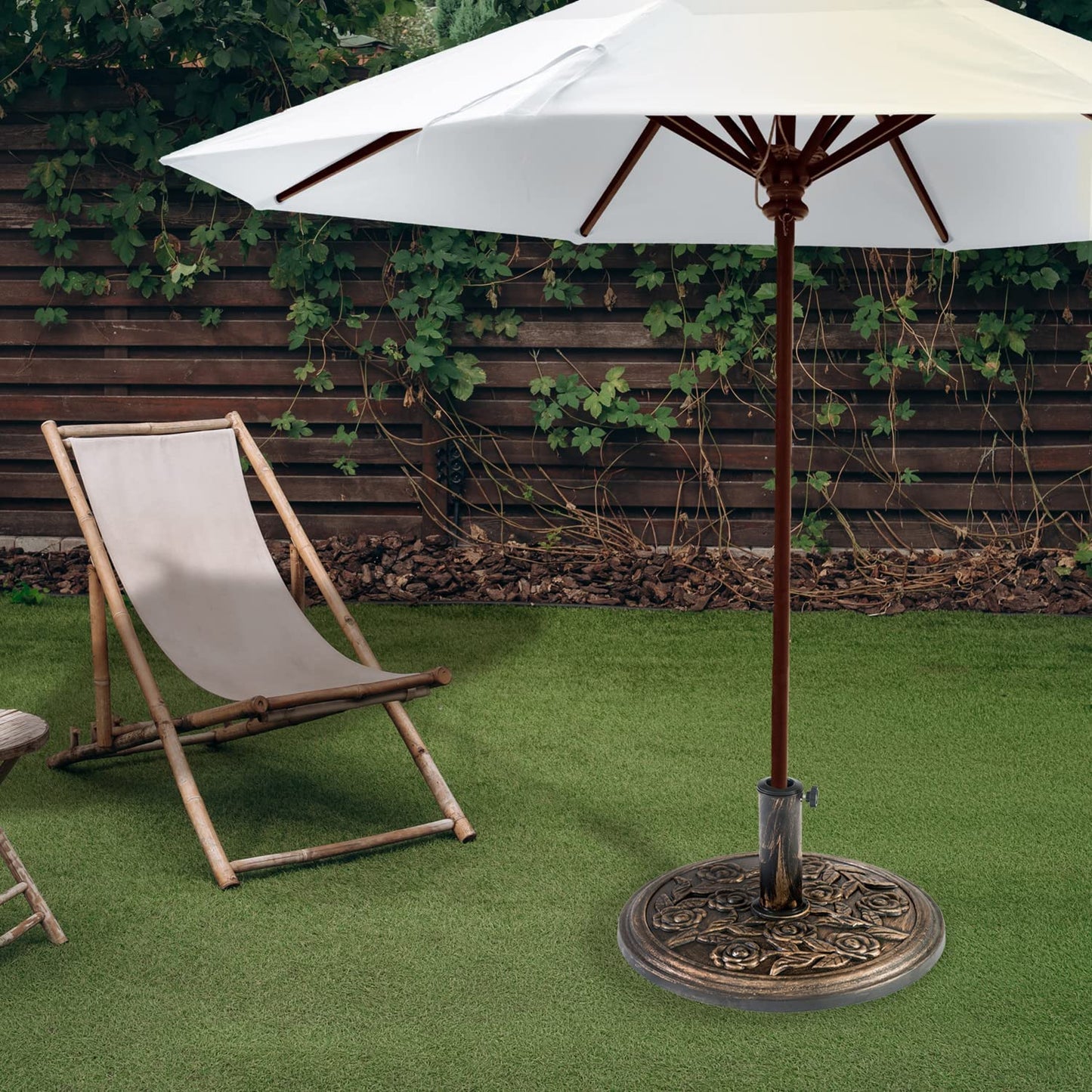 Straame 12KG Cast Iron Effect Garden Parasol Base - With Floral Rose Design - For Outdoor Furniture Umbrella, Canopy - Easy to Assemble, Heavy Duty Weather Resistant (Cast Iron Effect - 12 kg)