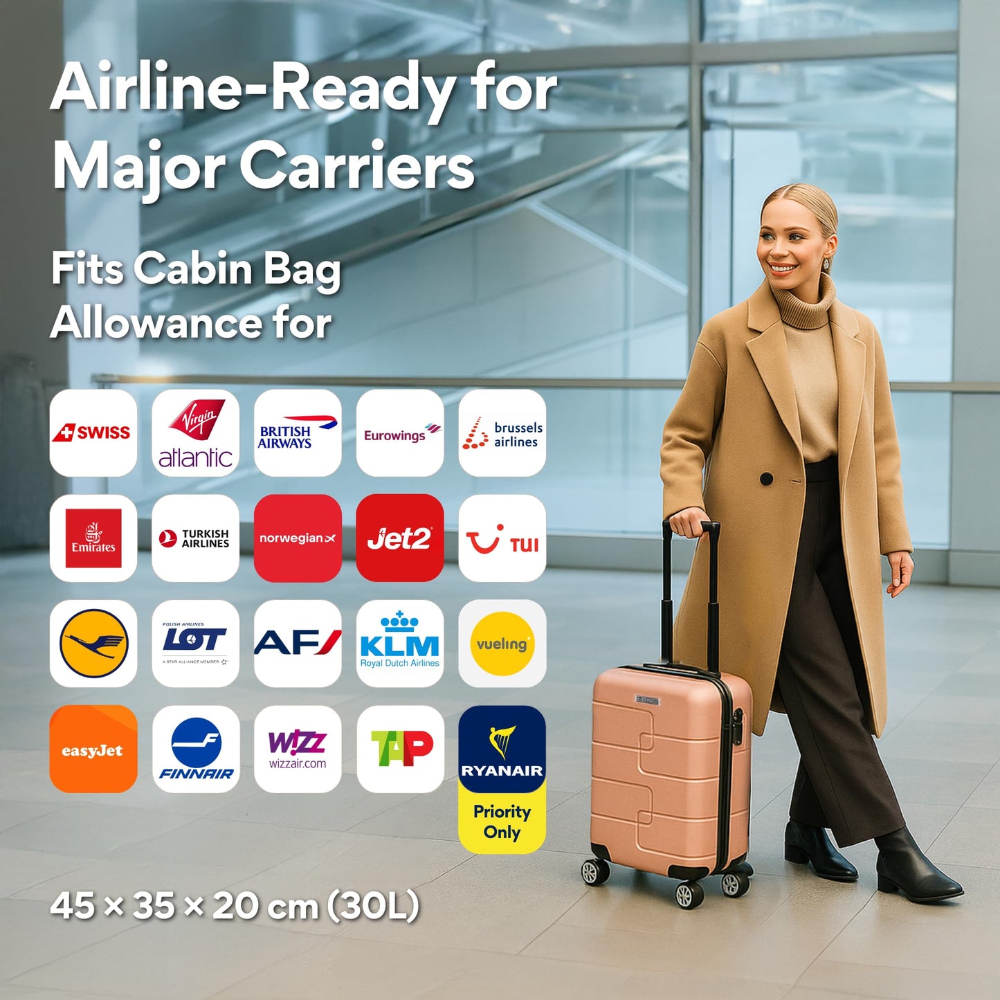 WORLD EXPLORER Cabin Suitcase ABS Hard Shell 360° Spinner Wheels & Com-bination Lock Lightweight 30L Underseat Cabin Luggage and Suitcase EasyJet Per-sonal Item Travel Bag (Rose Gold, 45x35x20 CM)