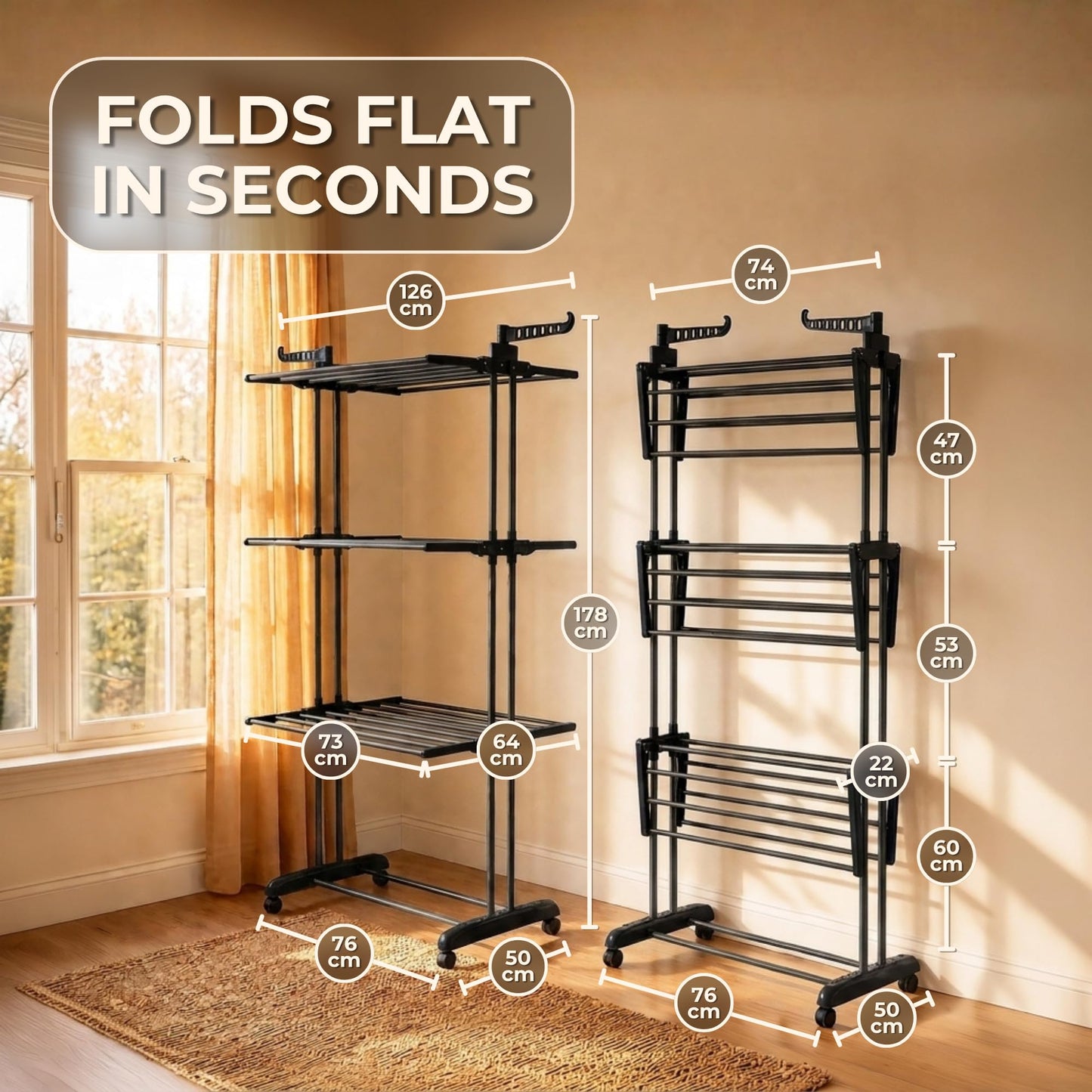 Straame 4-Tier Clothes Airer, Heavy Duty Foldable Drying Rack, 40 kg, Black