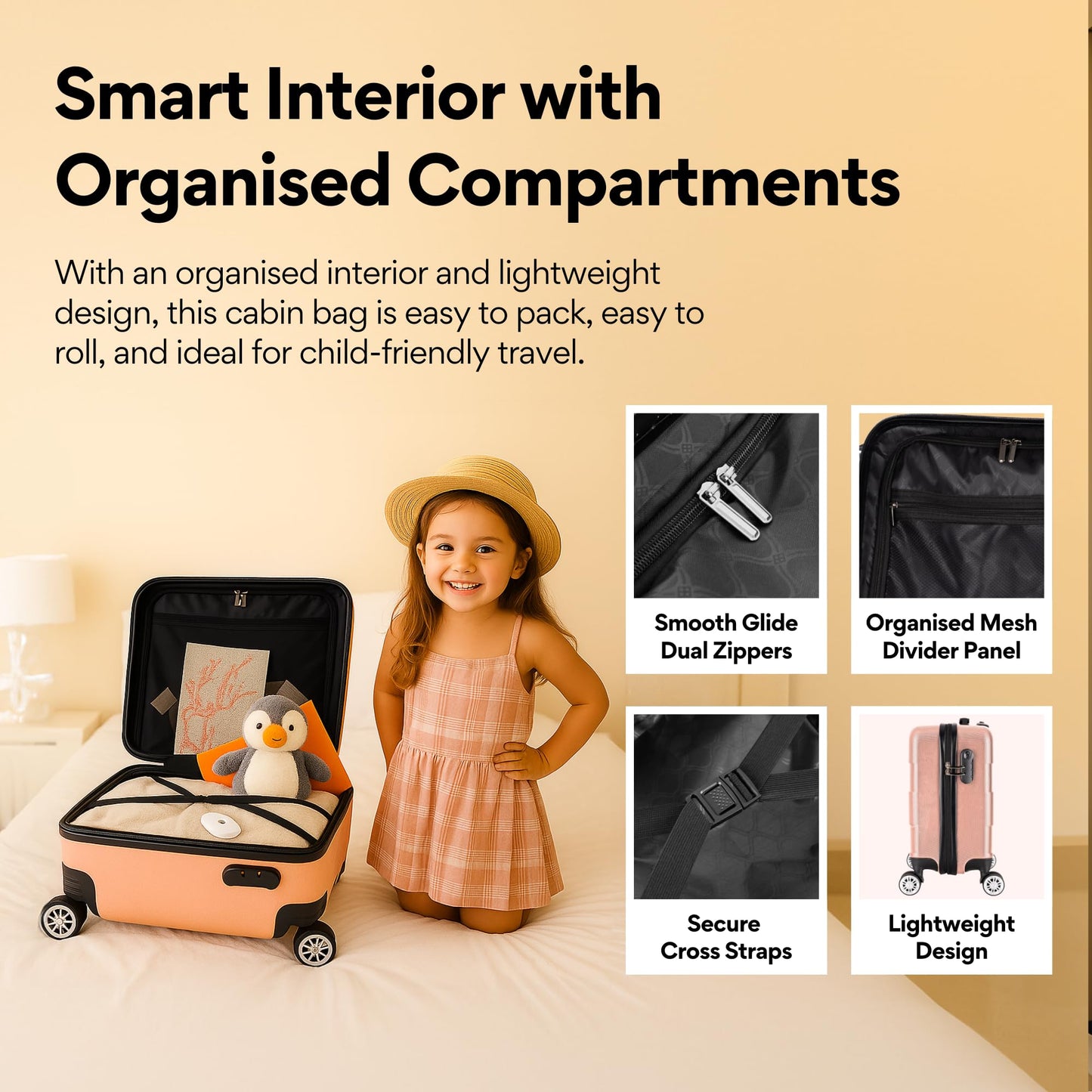 WORLD EXPLORER Cabin Suitcase ABS Hard Shell 360° Spinner Wheels & Com-bination Lock Lightweight 30L Underseat Cabin Luggage and Suitcase EasyJet Per-sonal Item Travel Bag (Rose Gold, 45x35x20 CM)
