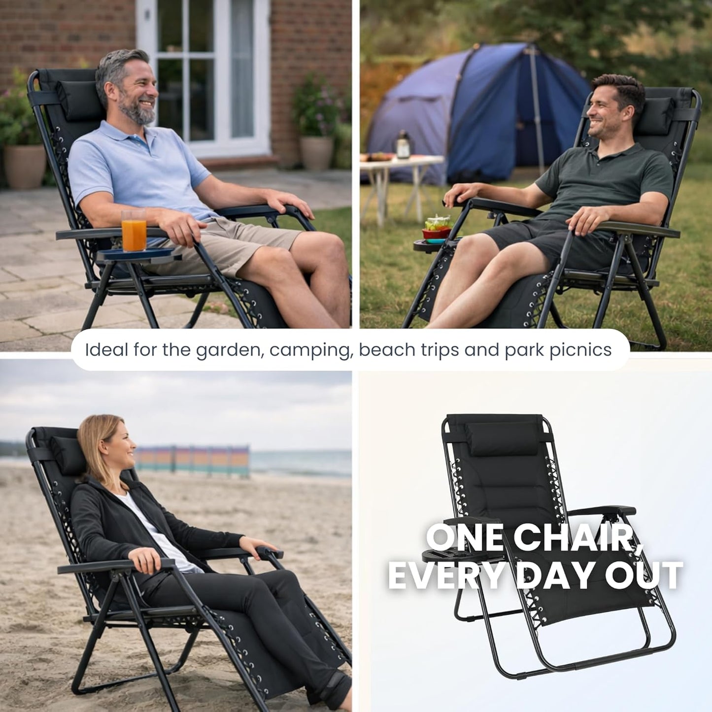 Straame XXL Padded Zero Gravity Chairs Set of 2, Folding Reclining Garden Chairs with Cup Holder Tray, Camping Chair Sun Loungers, Lockable 160° Patio Recliners with Adjustable Headrest(Padded, Black)