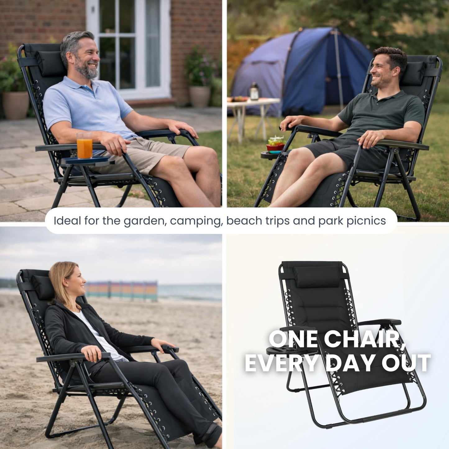 Straame XXL Padded Zero Gravity Chairs Set of 2, Folding Reclining Garden Chairs, Camping Chair Sun Loungers, Lockable 160° Patio Recliners with Adjustable Headrest(Padded, Black)