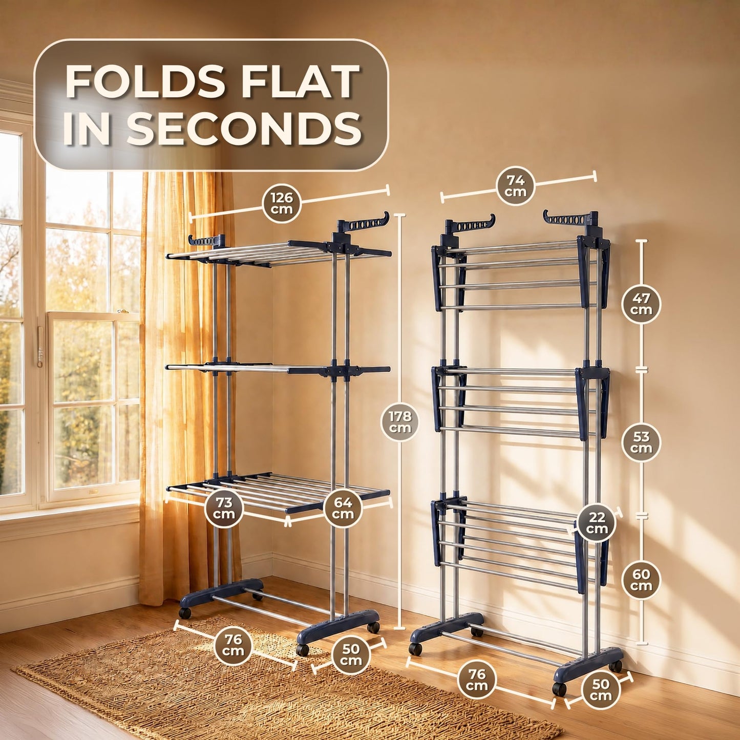 Straame 4-Tier Clothes Airer, Heavy Duty Foldable Drying Rack, 40 kg, Grey