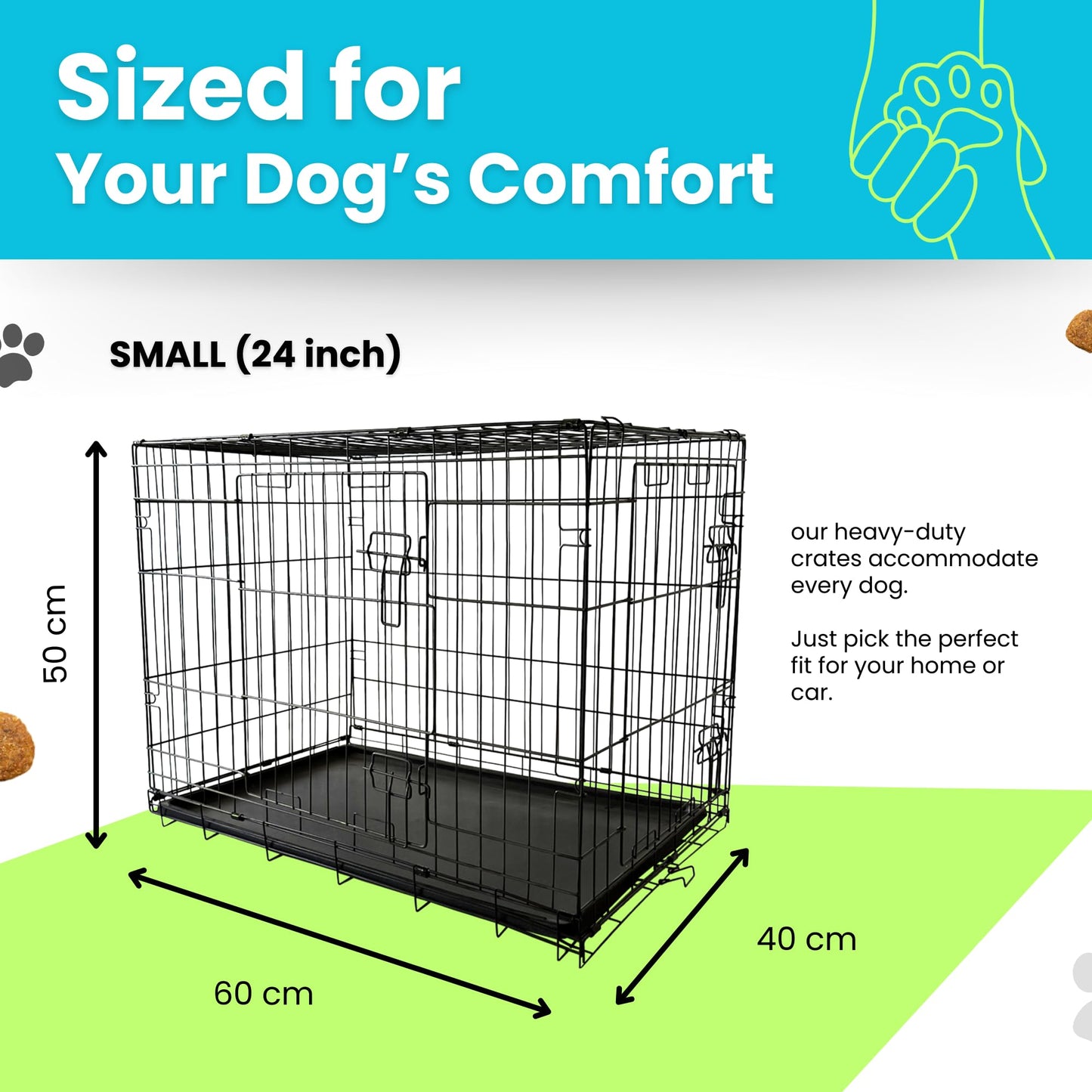 Straame Heavy-Duty Folding Dog Crate 24 inch for Small Dogs, 60 x 40 x 50 cm Black Metal Wire Pet Cage with 2 Doors, Secure Sliding Latches, Removable Leak-Proof Tray, Carry Handle, Fold-Flat Design