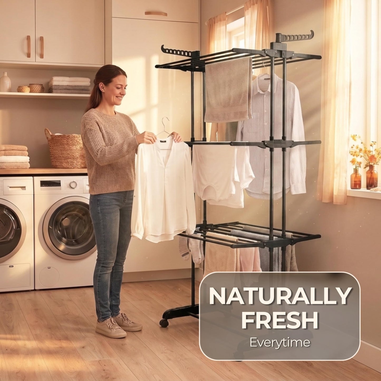 Straame 4-Tier Clothes Airer, Heavy Duty Foldable Drying Rack, 40 kg, Black