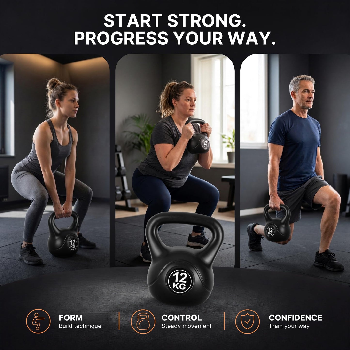 Lockie Fitness Kettlebell Weight, 12 Kg Cement-Filled Kettle Bell, Black