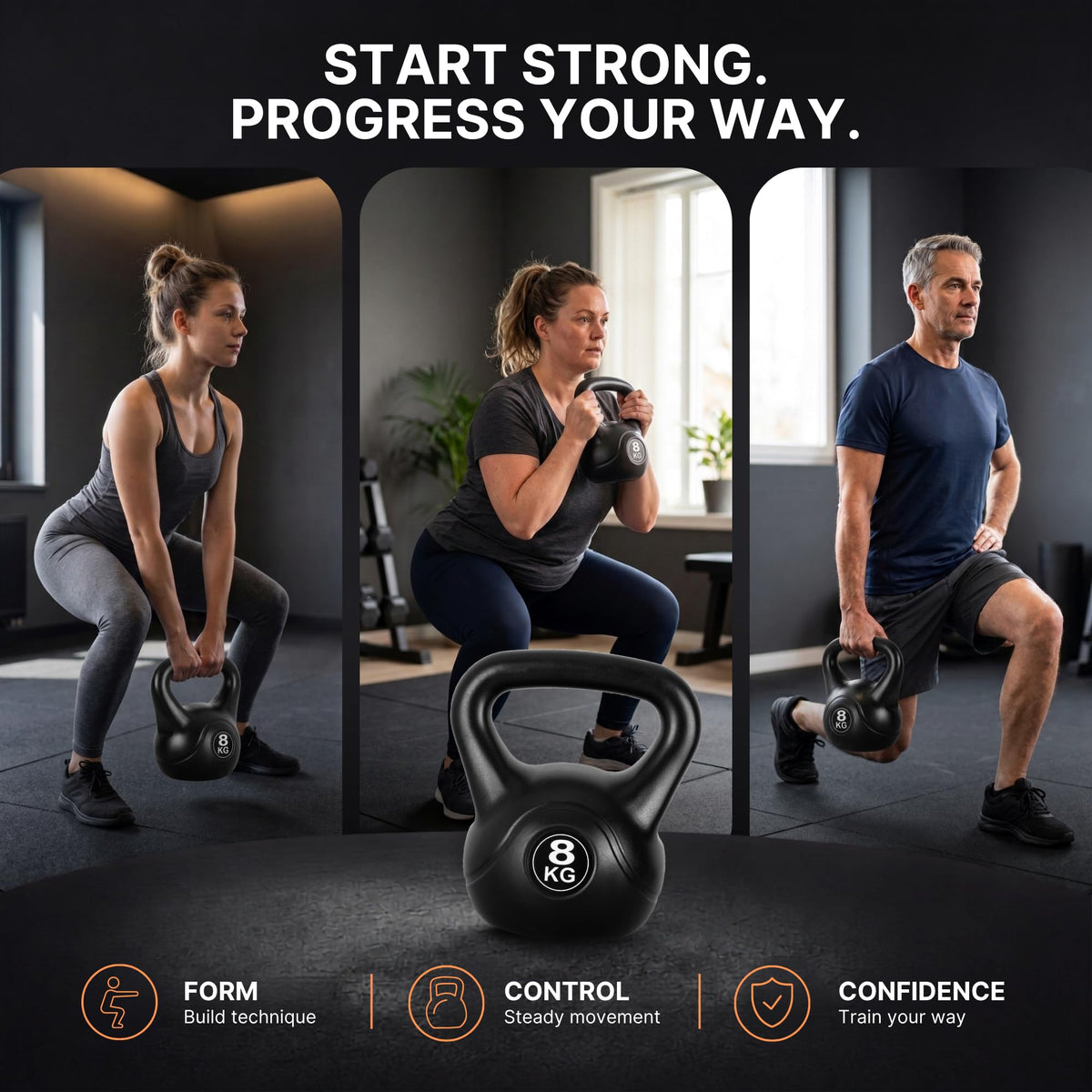 Lockie Fitness Kettlebell Weight, 4kg-20 Kg Cement-Filled Kettle Bell, Black (8 Kg)
