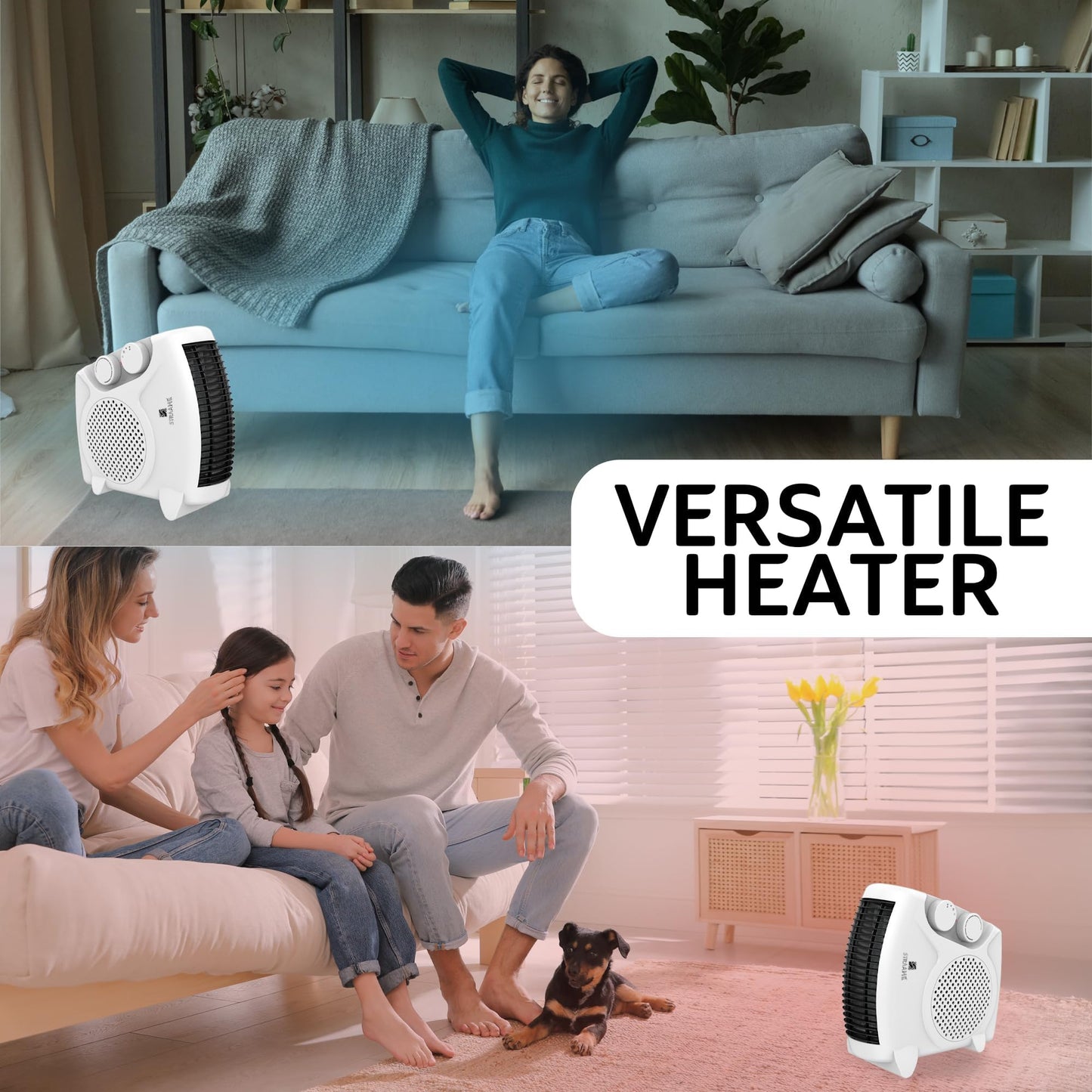 Straame Upright Portable Fan Heater with Variable Thermostat, 2 Heat Settings & Fan Mode Room Electric Heater, Easy to Use, Compact Design with Carry Handle Heater (Dual Fan Heater - 1pk)