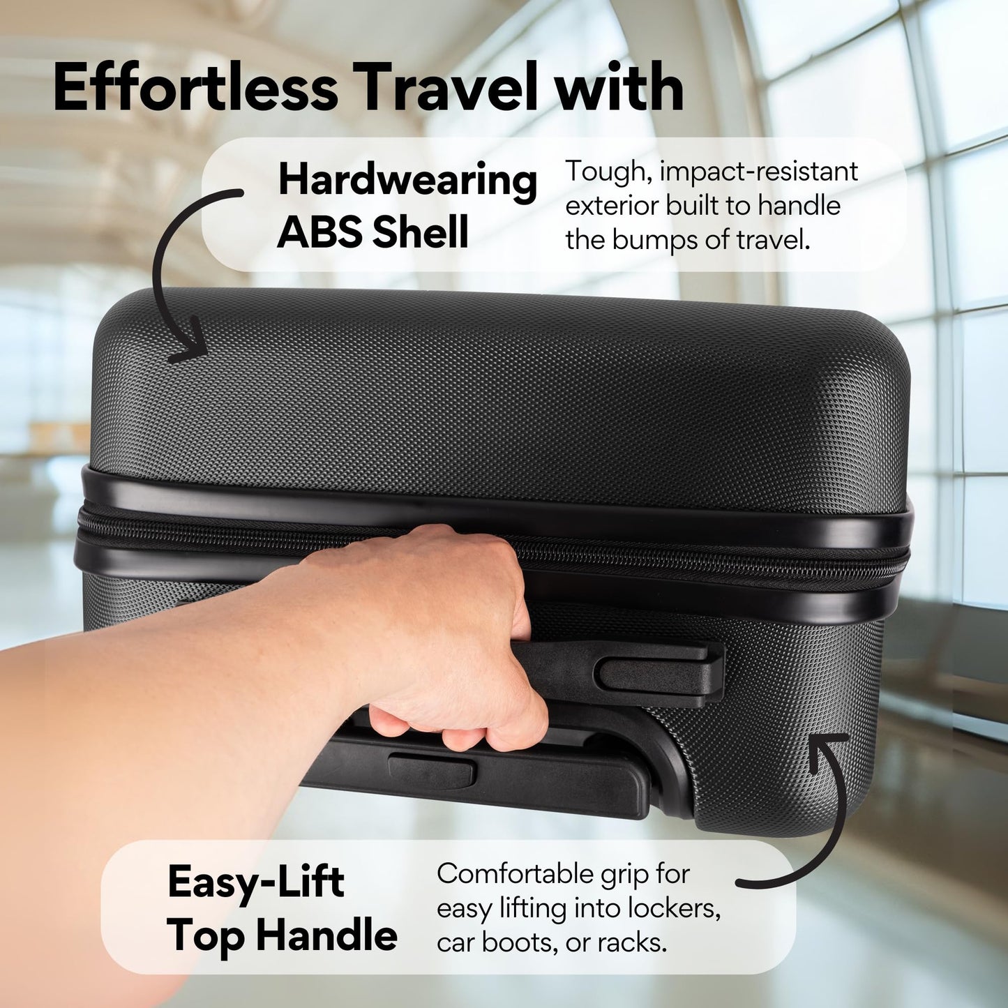 WORLD EXPLORER Cabin Suitcase | ABS Hard Shell with 360° Spinner Wheels & Com-bination Lock | Lightweight Cabin Luggage and Suitcase 34L – Ryanair Priority Size Travel Bag (Black, 55x40x20 CM)