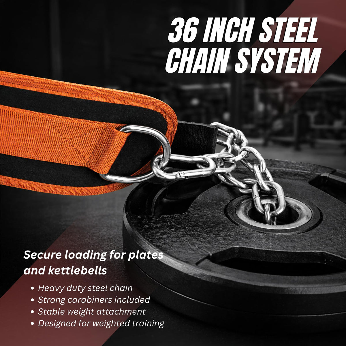 Lockie Fitness Weighted Dip Belt, 36 Inch Steel Chain 350lb Support, Orange