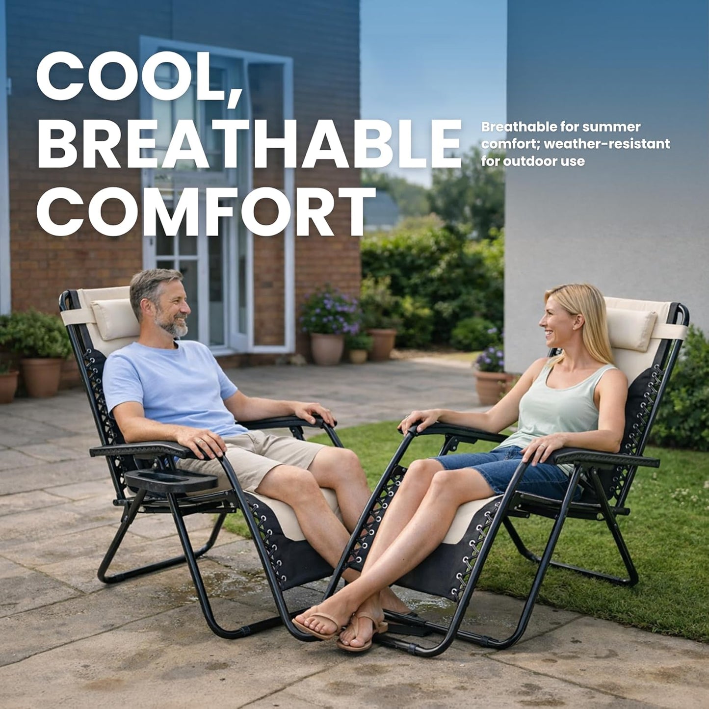 Straame XXL Padded Zero Gravity Chairs Set of 2, Folding Reclining Garden Chairs with Cup Holder Tray, Camping Chair Sun Loungers, Lockable 160° Patio Recliners with Adjustable Headrest(Padded, Cream)