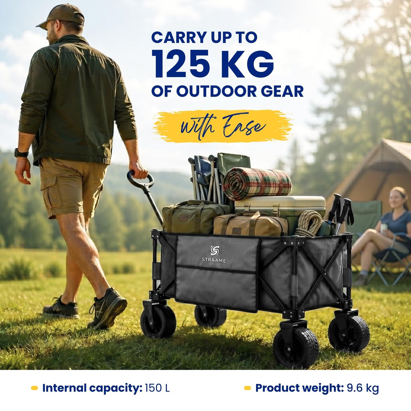 Straame 150L Festival Trolley on Wheels, Folding Camping trolley, Heavy Duty Collapsible Pull Along Beach Garden Shopping Trolly with Adjustable Handle, All Terrain Outdoor Utility Cart (Grey)