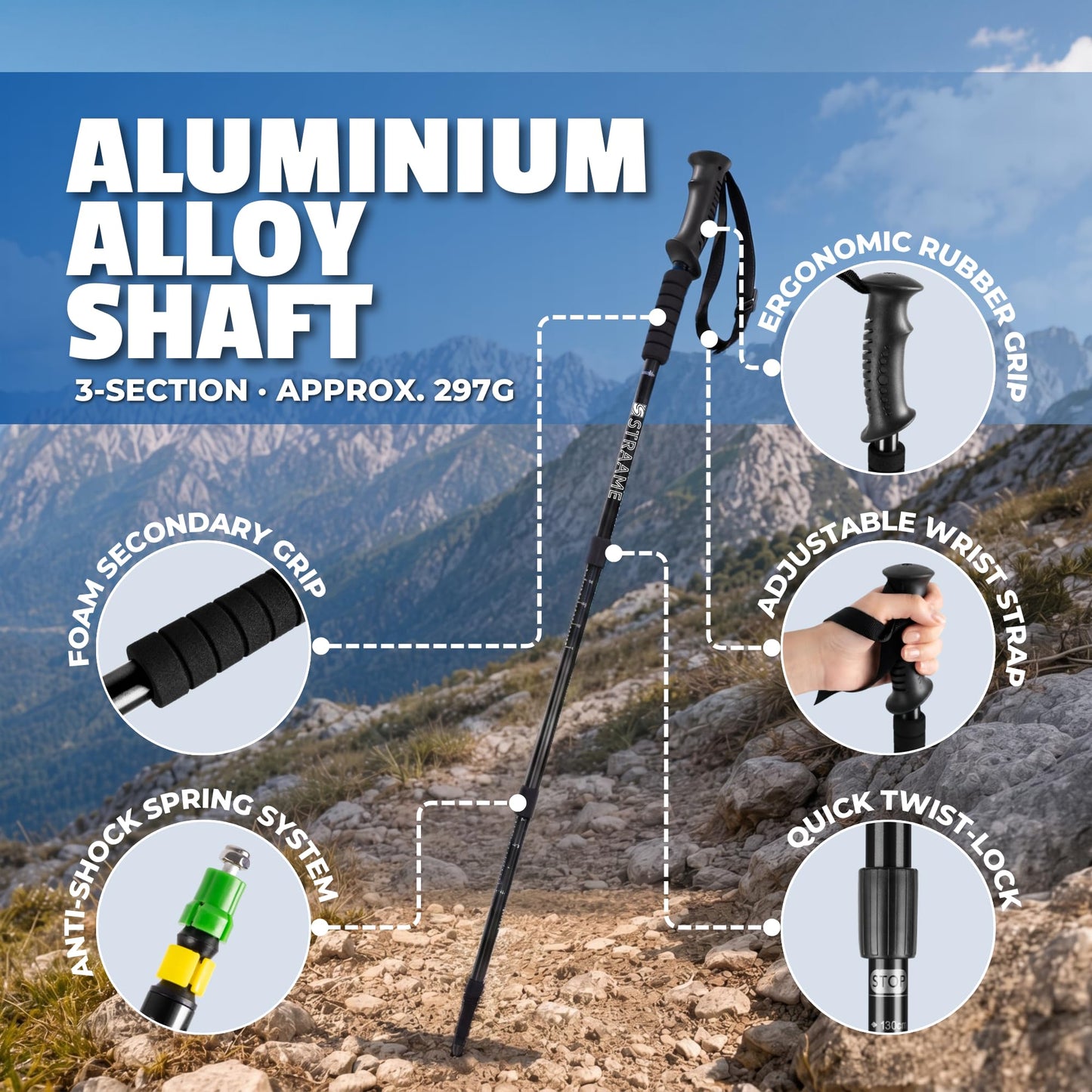 Straame Telescopic Walking Sticks 2 Pack, 65-130cm Trekking Poles (Black)