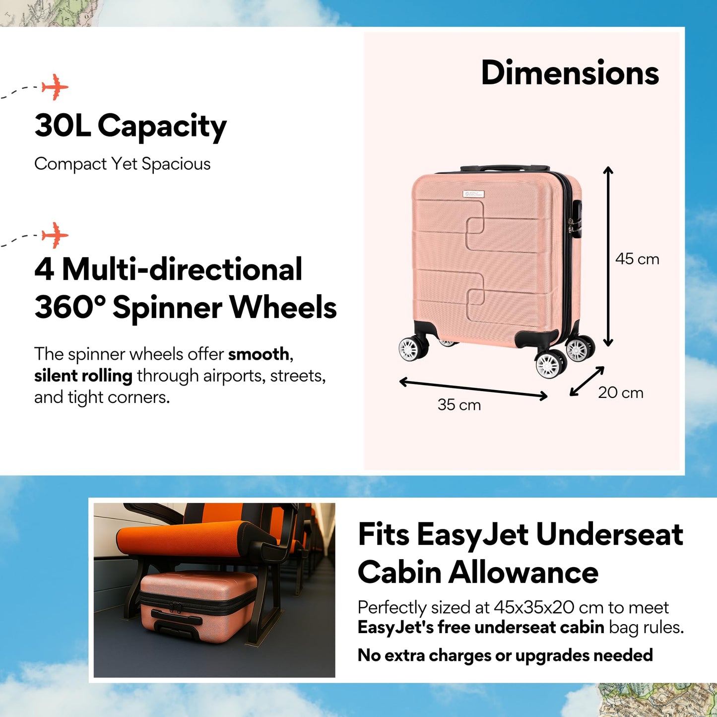 WORLD EXPLORER Cabin Suitcase ABS Hard Shell 360° Spinner Wheels & Com-bination Lock Lightweight 30L Underseat Cabin Luggage and Suitcase EasyJet Per-sonal Item Travel Bag (Rose Gold, 45x35x20 CM)