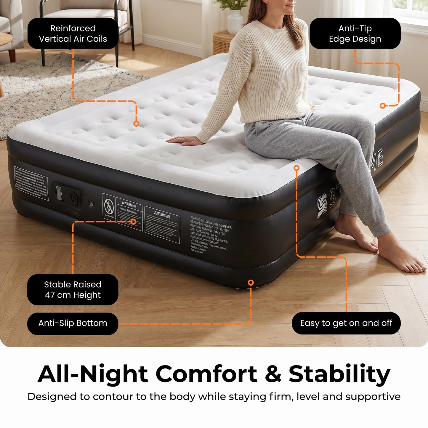 Straame King Size Airbed with Built-in Pump, Inflatable Mattress 203 x 157 x 47 cm, Blow Up Mattress Guest Bed, Self Inflating Camping Mattress with Carry Bag for Home Travel Sleepovers Guests Indoor