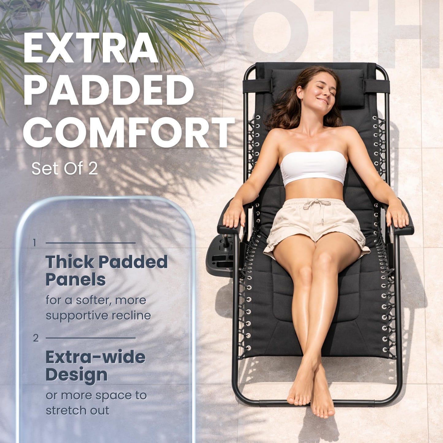 Straame XXL Padded Zero Gravity Chairs Set of 2, Folding Reclining Garden Chairs, Camping Chair Sun Loungers, Lockable 160° Patio Recliners with Adjustable Headrest(Padded, Black)