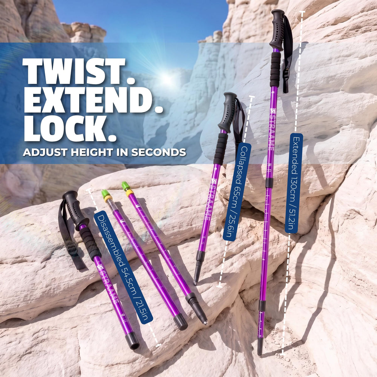 Straame Telescopic Walking Sticks 2 Pack, 65-130cm Trekking Poles (Purple)