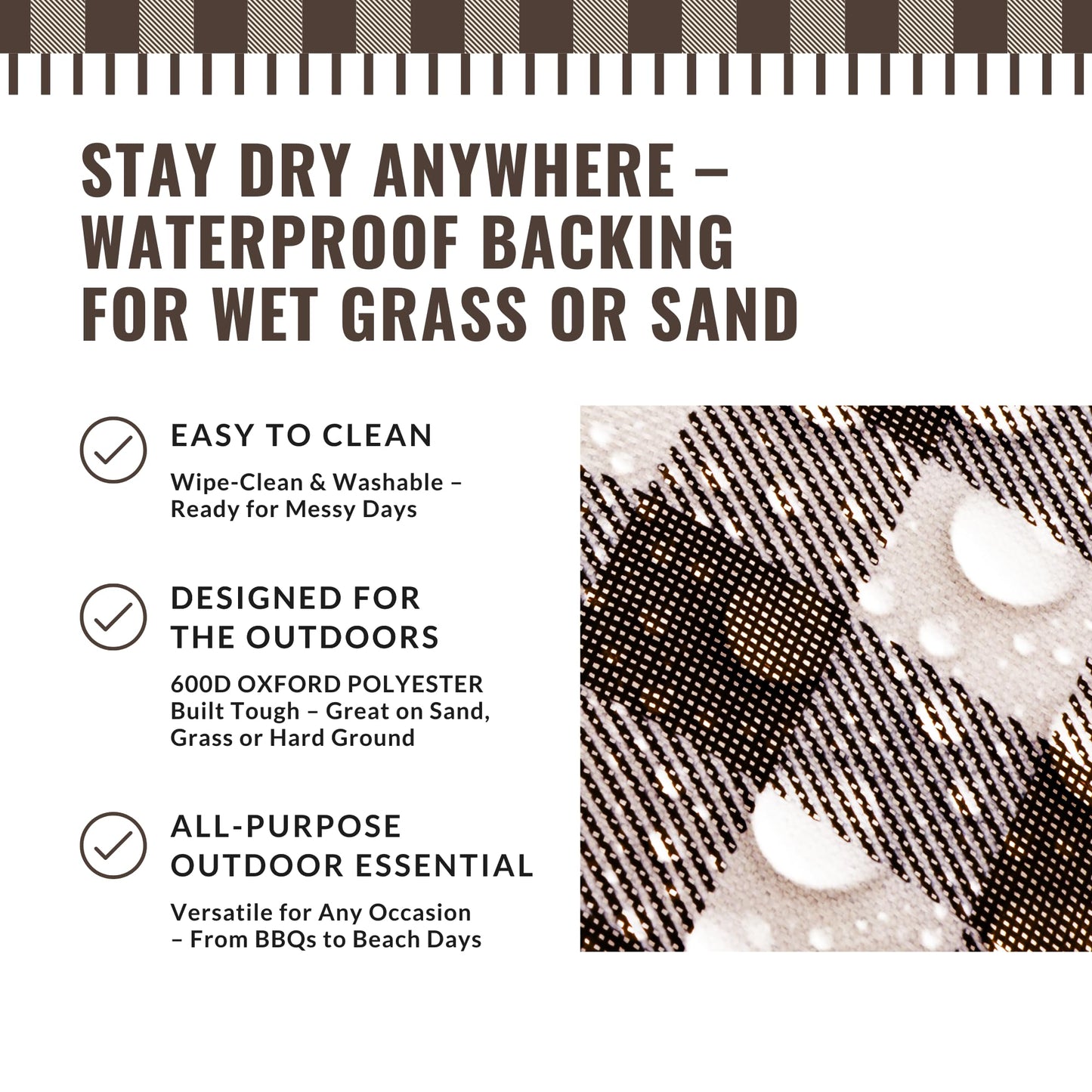 Straame Waterproof Picnic Blanket – Large 200x140cm Foldable Outdoor Blanket with Carry Handle – Ideal for Camping, Beach, Garden & Festivals – Timeless Gingham Design (Brown)